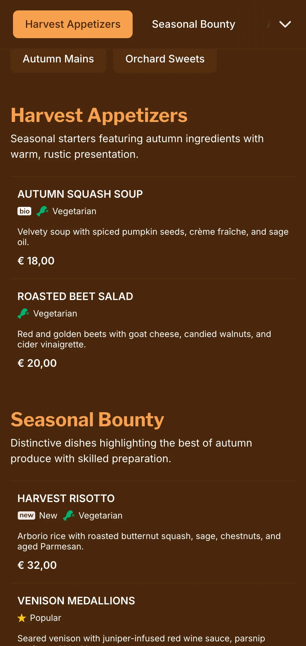 A warm, autumn-inspired dinner menu featuring rich amber tones, ideal for seasonal cuisine and harvest-focused restaurants.