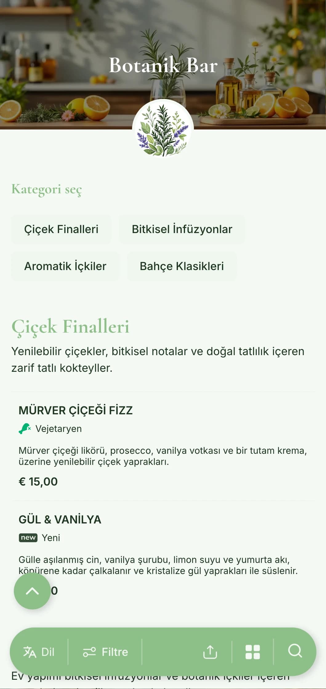 Bitkilerle aşılanmış ve botanik kokteyller konusunda uzmanlaşmış barlar için taze, bahçeden ilham alan bir menü tasarımı.