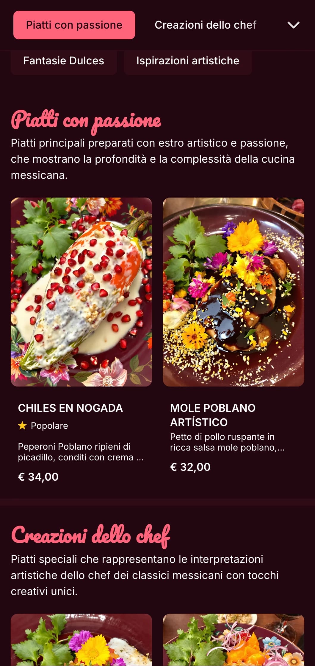 Menu artistico e vivace ispirato a Frida Kahlo con accenti rosa acceso, piatti messicani colorati e presentazioni creative.
