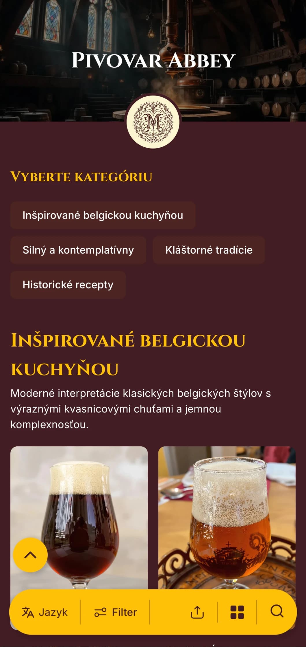 Elegantný a historický dizajn inšpirovaný kláštornými pivovarníckymi tradíciami s bohatými bordovými tónmi a klasickou typografiou.