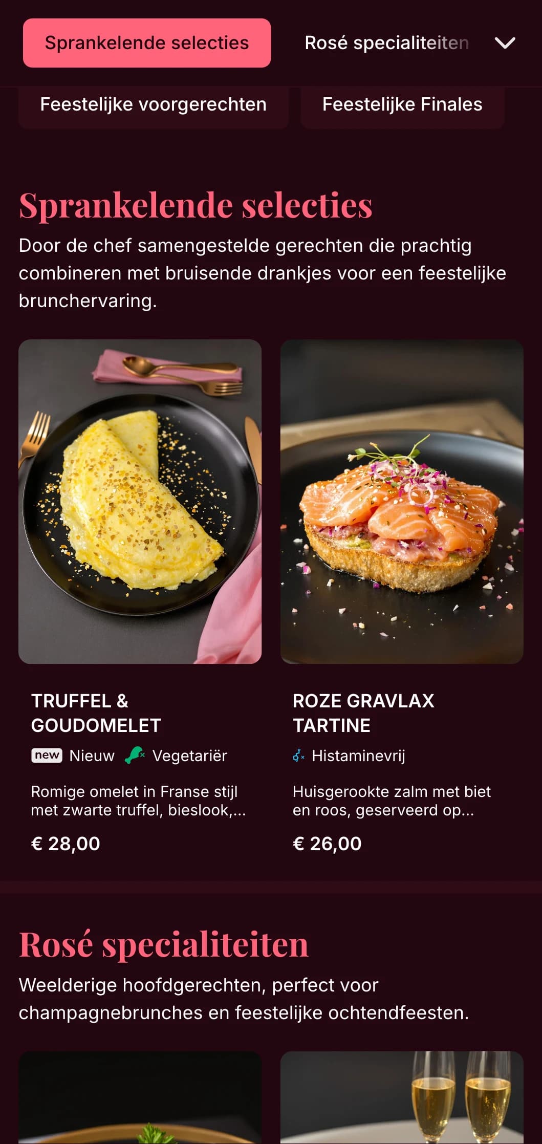 Luxe roze brunchesjabloon met gouden accenten, perfect voor champagnebrunches en feestelijke diners.