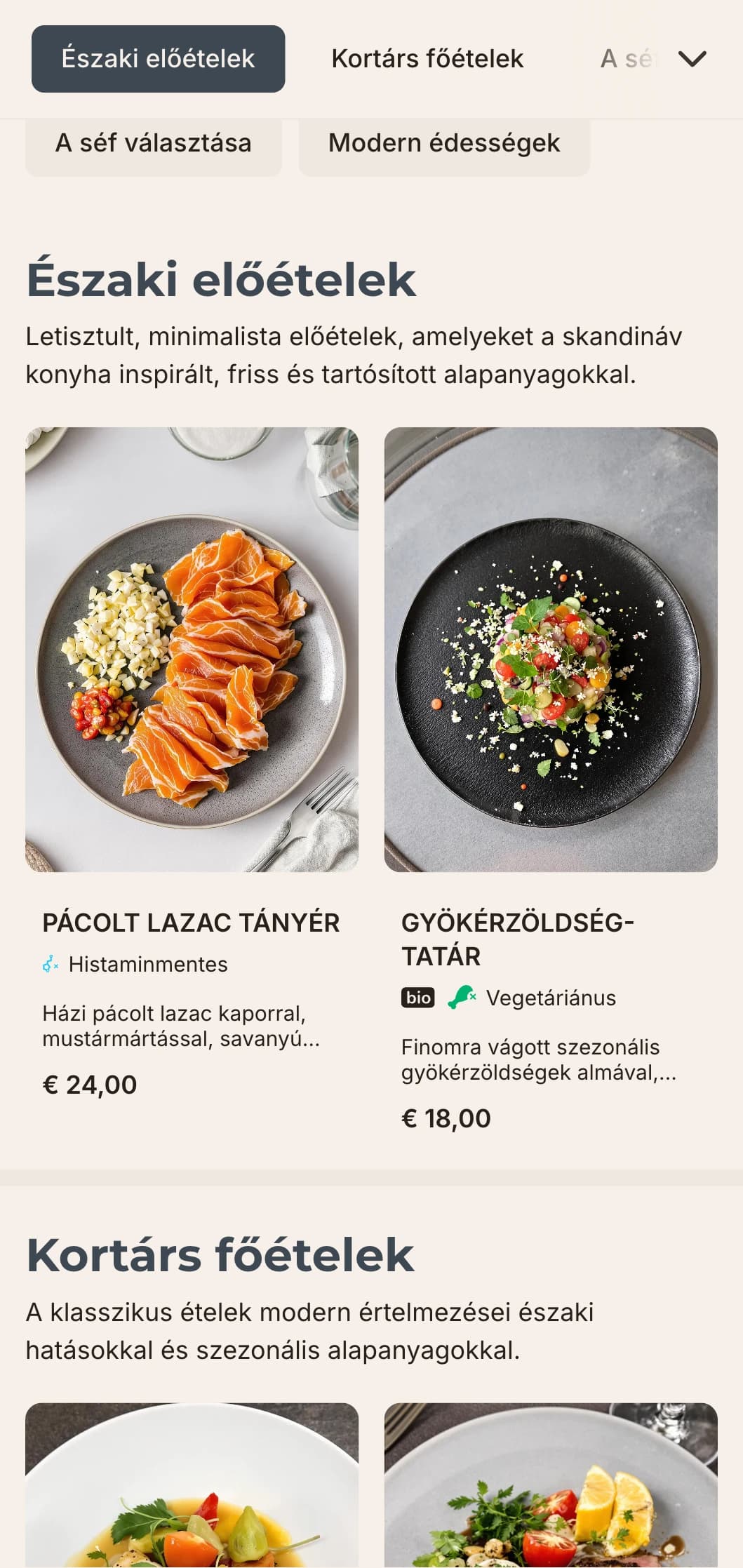 Letisztult, minimalista, skandináv hatásokkal rendelkező, nagy fehér teret és geometrikus elemeket tartalmazó, modern éttermekbe ideális vacsora menüterv.