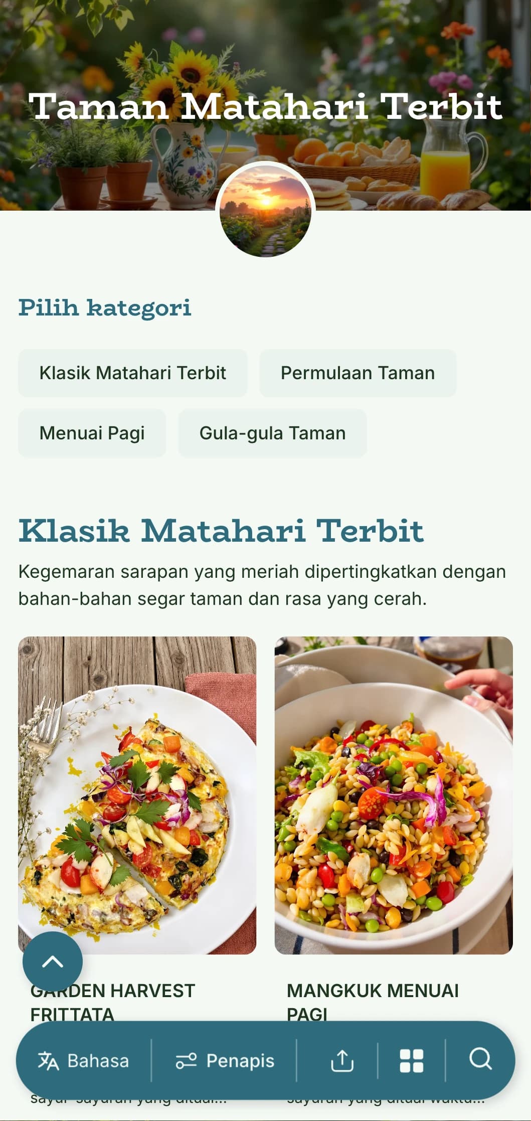 Hidangan sarapan pagi segar berinspirasikan taman yang menampilkan bahan-bahan organik dan persembahan bertenaga dengan unsur-unsur semula jadi.