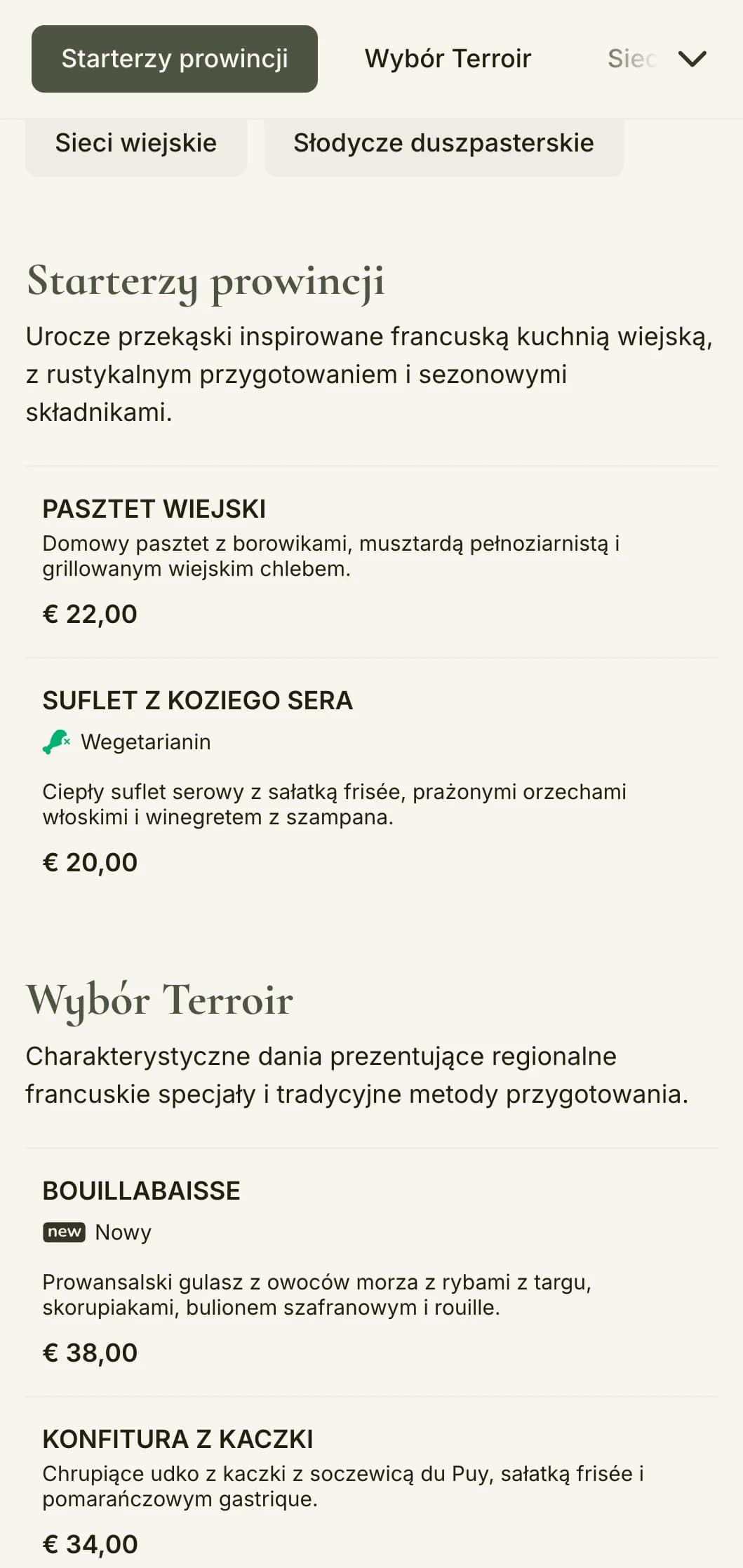 Urocze menu obiadowe inspirowane estetyką francuskiej wsi, z szałwiową zielenią i rustykalną elegancją.