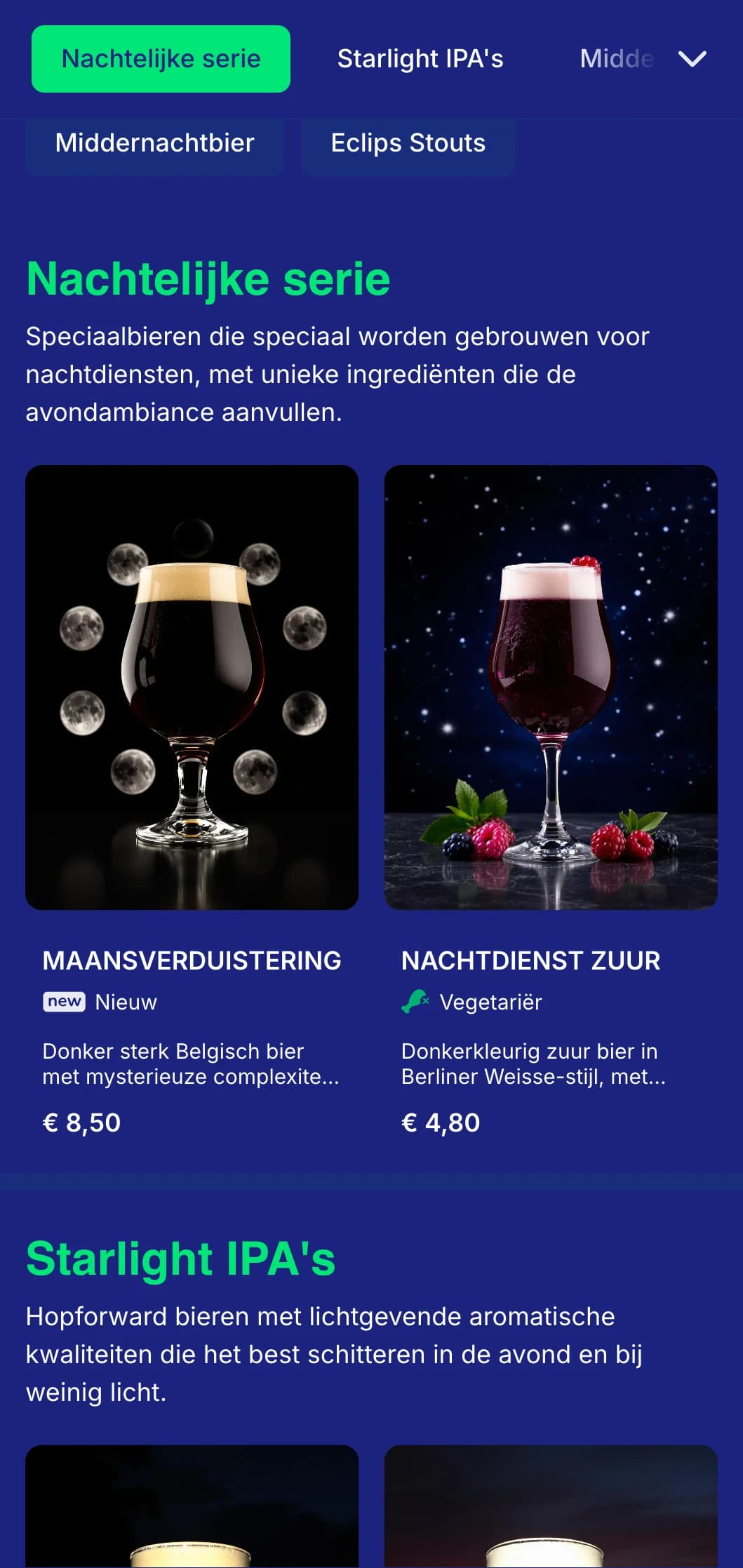 Donker en mysterieus ontwerp met middernachtblauwe tinten en maanelementen, ideaal voor avondgerichte etablissementen en nachtbrouwerijen.