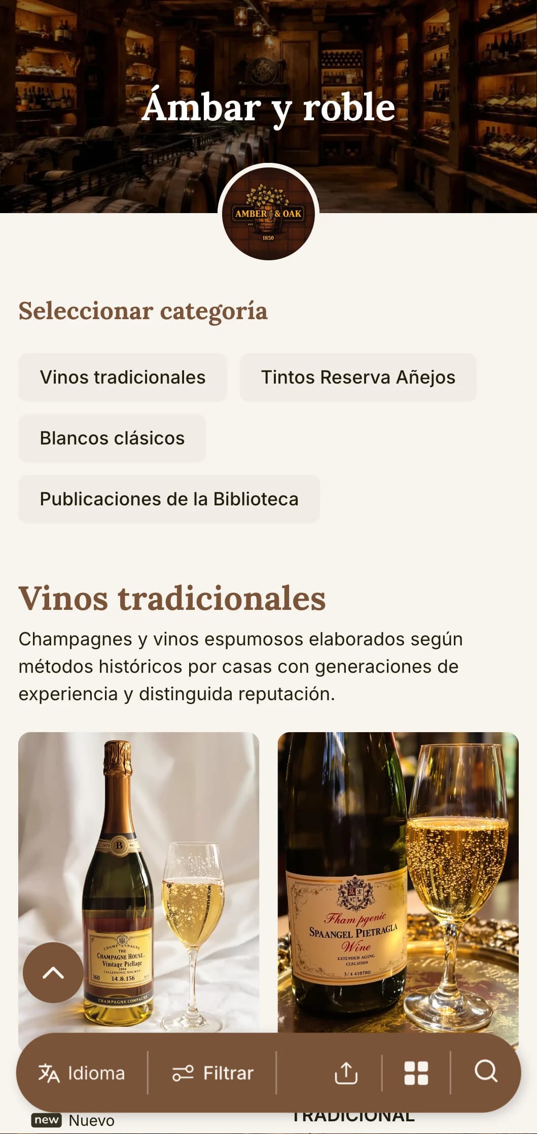 Plantilla de carta de vinos cálidamente tradicional con acentos de ámbar y roble, perfecta para bodegas establecidas y restaurantes patrimoniales con programas de bodega.