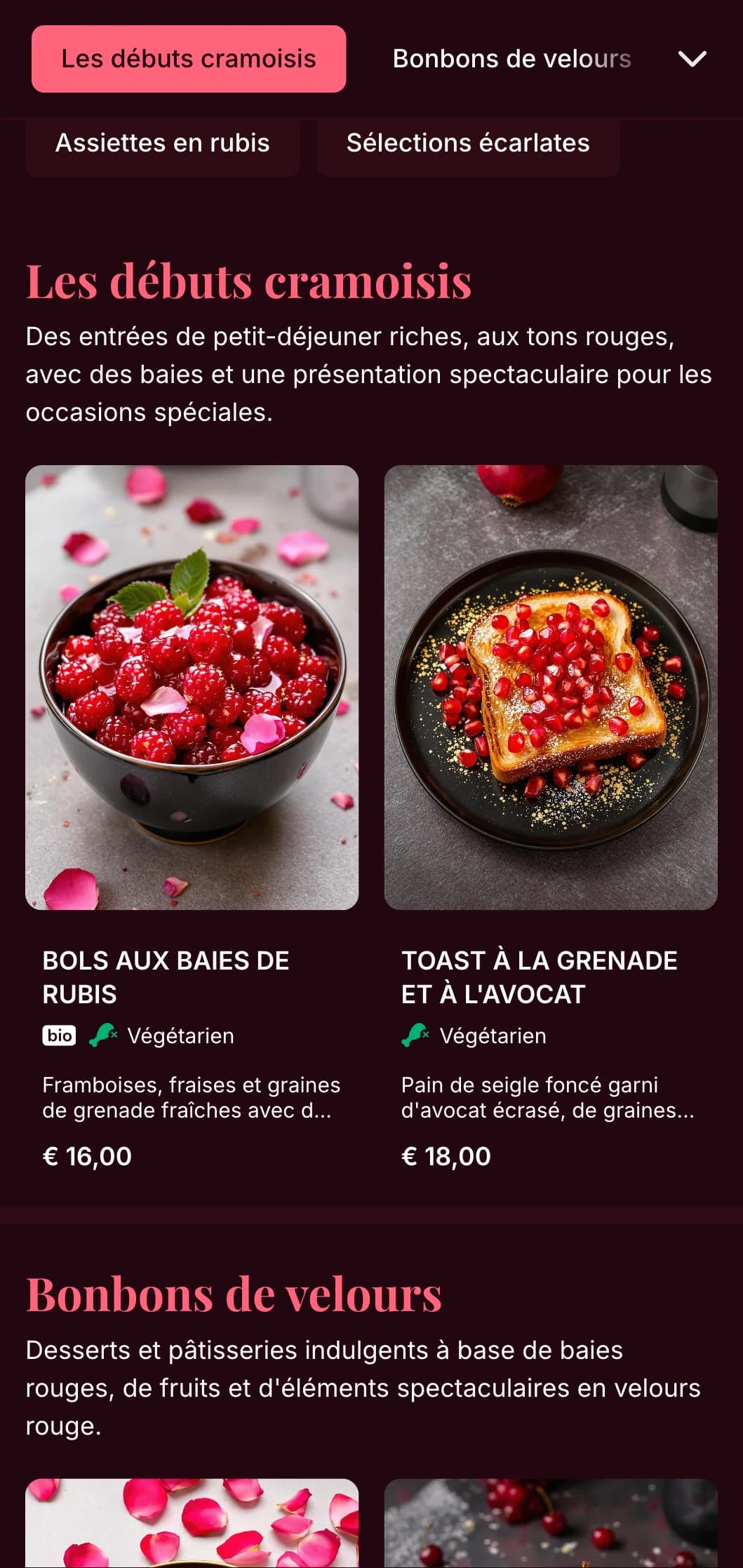 Un modèle de brunch riche, aux tons rouges, avec des détails luxueux, adapté aux brunchs romantiques et aux occasions spéciales.