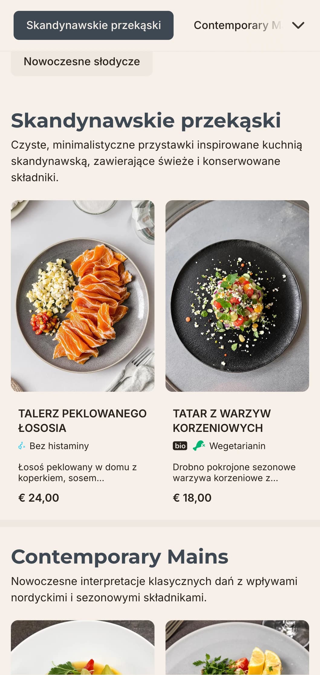 Czysty, minimalistyczny projekt menu obiadowego z wpływami skandynawskimi, z dużą ilością białej przestrzeni i geometrycznymi elementami, idealny do współczesnych lokali gastronomicznych.