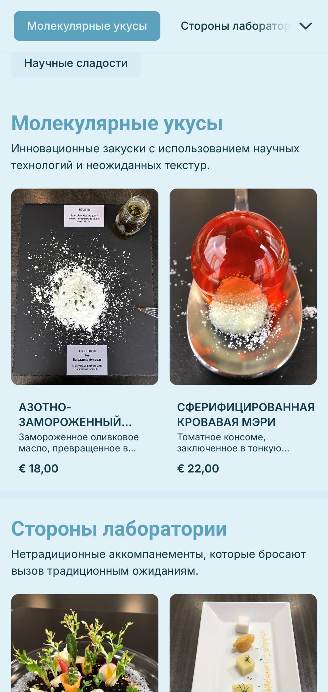 Инновационный кейтеринг в области молекулярной гастрономии с использованием научных методов, необычных текстур и эффектной подачи для самых современных мероприятий.
