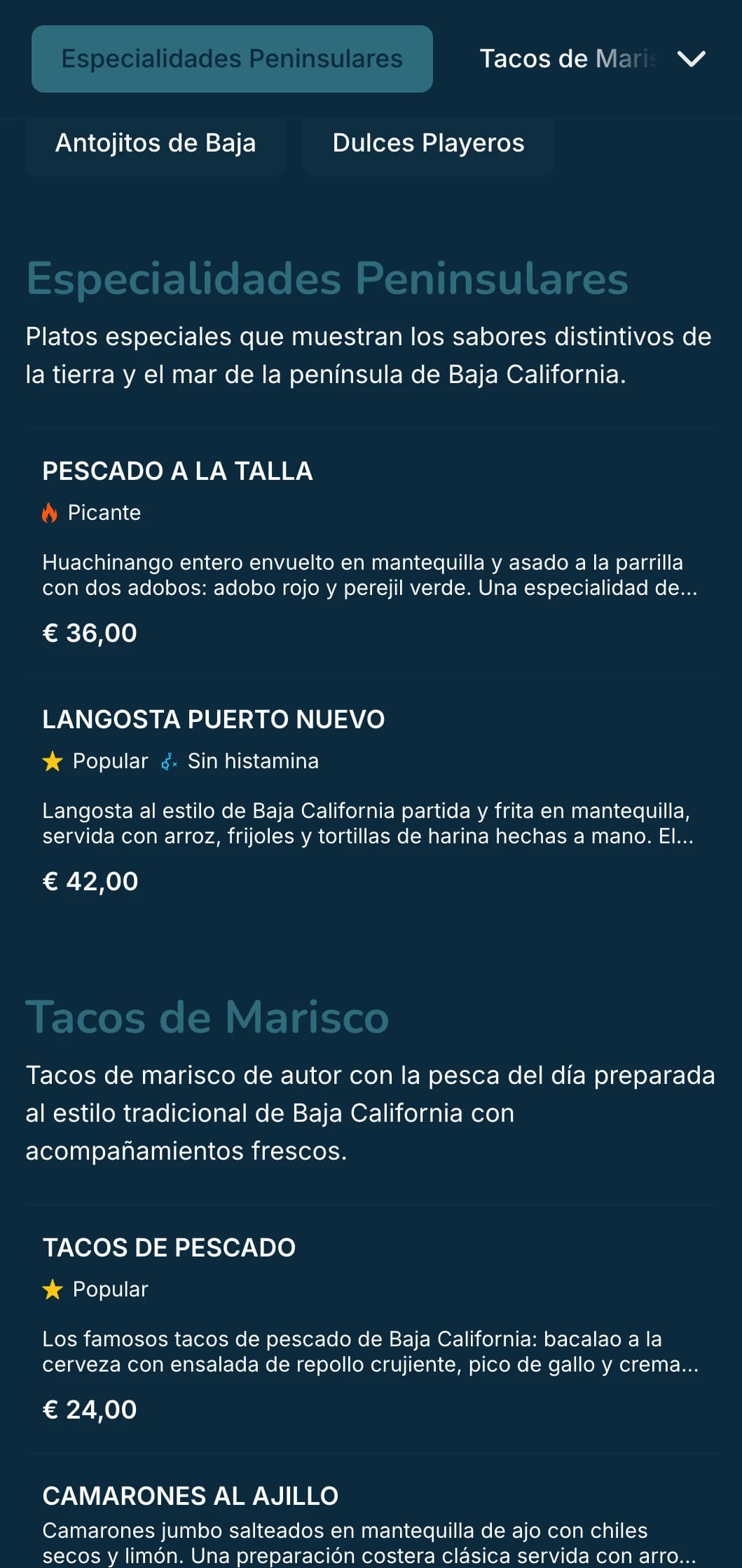 Menú ligero y refrescante inspirado en Baja California, con tacos de marisco, ingredientes frescos y detalles en azul marino con un moderno ambiente playero.