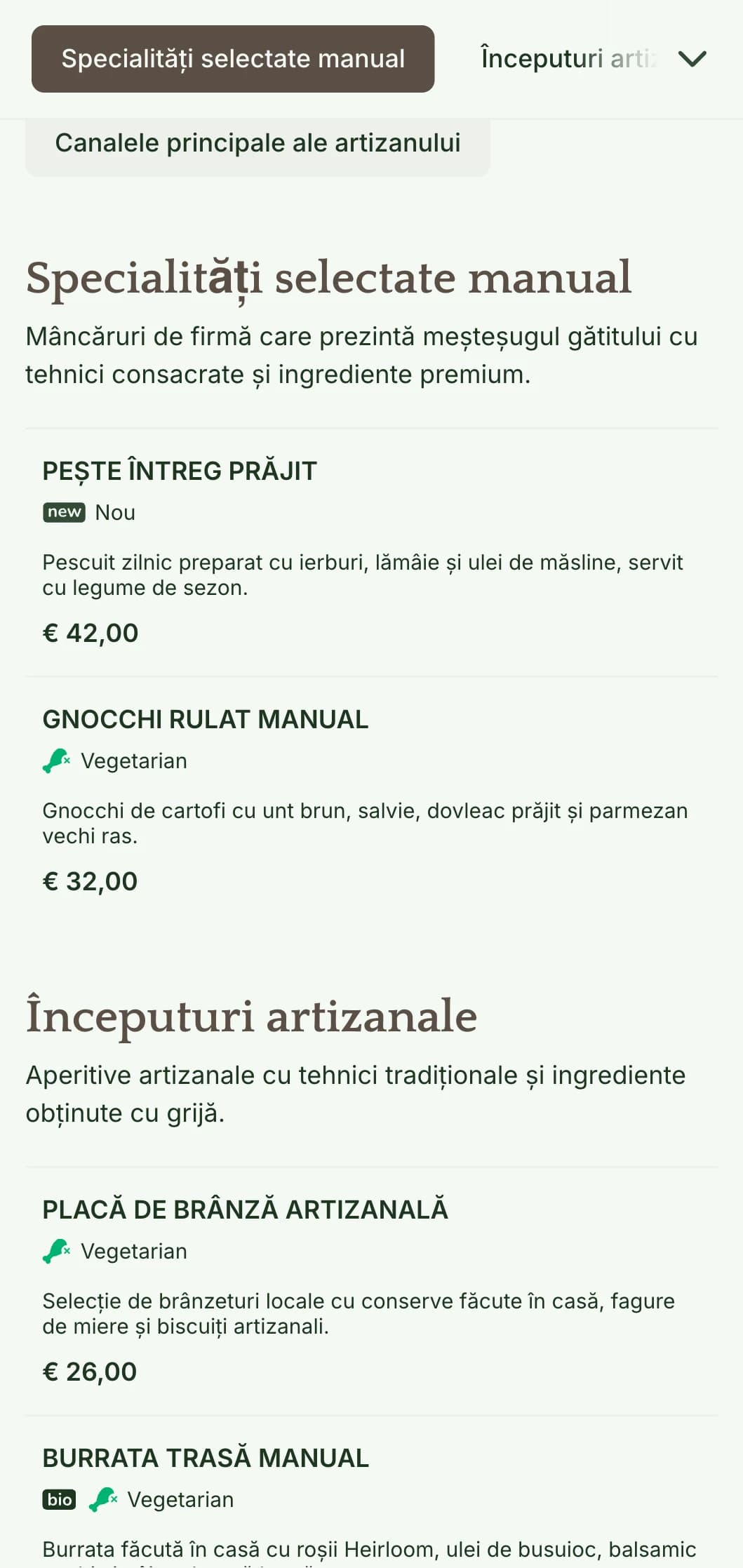 Un meniu de cină cald, artizanal, cu elemente de design inspirate de artizanat și tonuri pământii, perfect pentru restaurantele axate pe bucătăria artizanală.