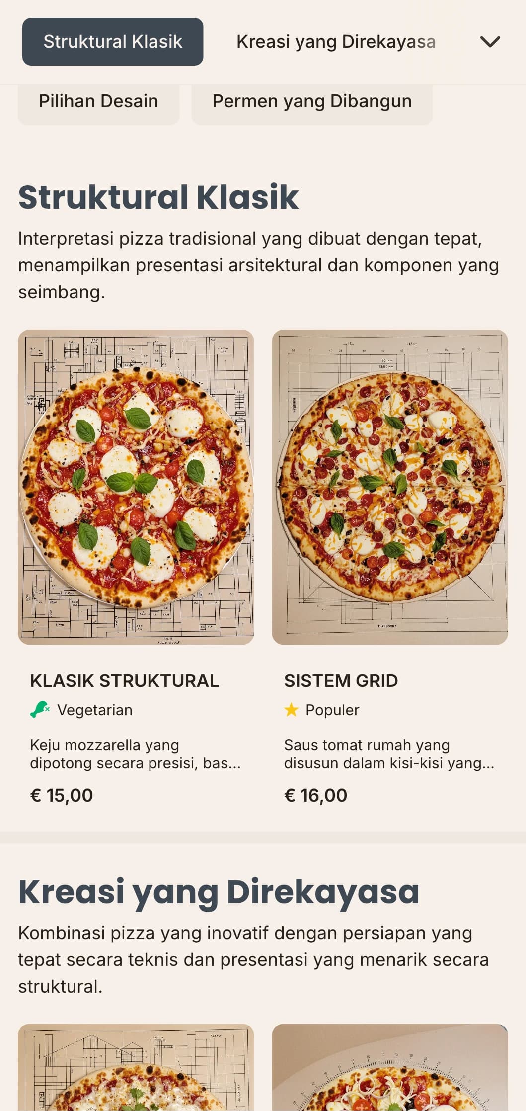 Menu pizza yang terinspirasi dari arsitektur dengan tata letak yang tepat dan estetika teknis.