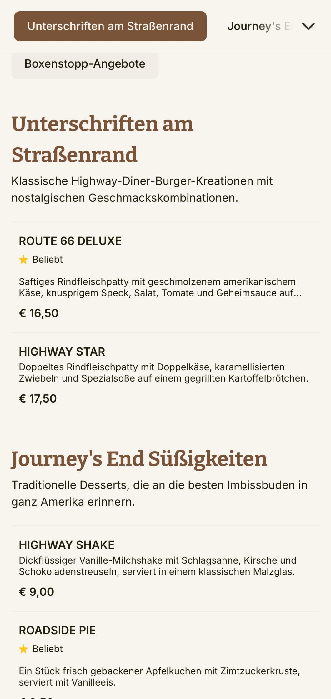 Ein vom Highway inspirierter Burgerladen mit alten Straßenschildern und klassischer amerikanischer Roadtrip-Nostalgie.