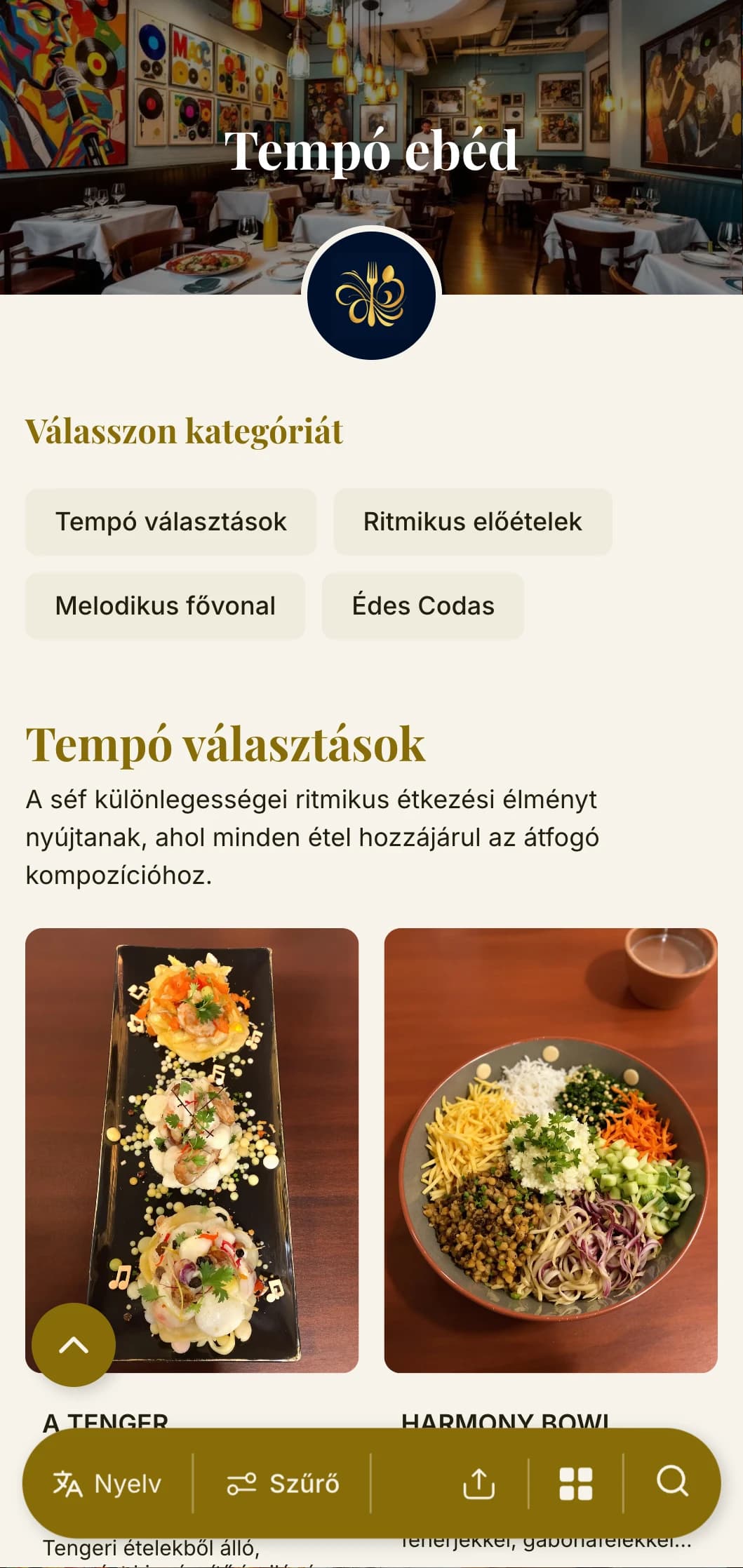 Dinamikus, ritmus ihlette ebédmenü-dizájn zenei elemekkel és áramló elrendezéssel, ideális színházak és kulturális helyszínek közelében lévő éttermek számára.
