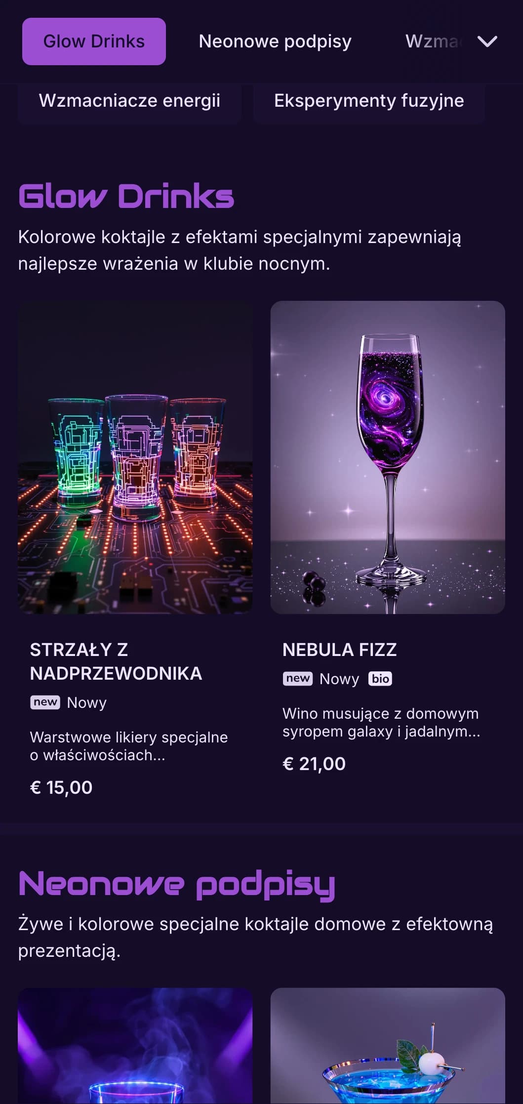 Kontrastowy fioletowo-czarny design z neonowymi elementami dla współczesnych barów koktajlowych.