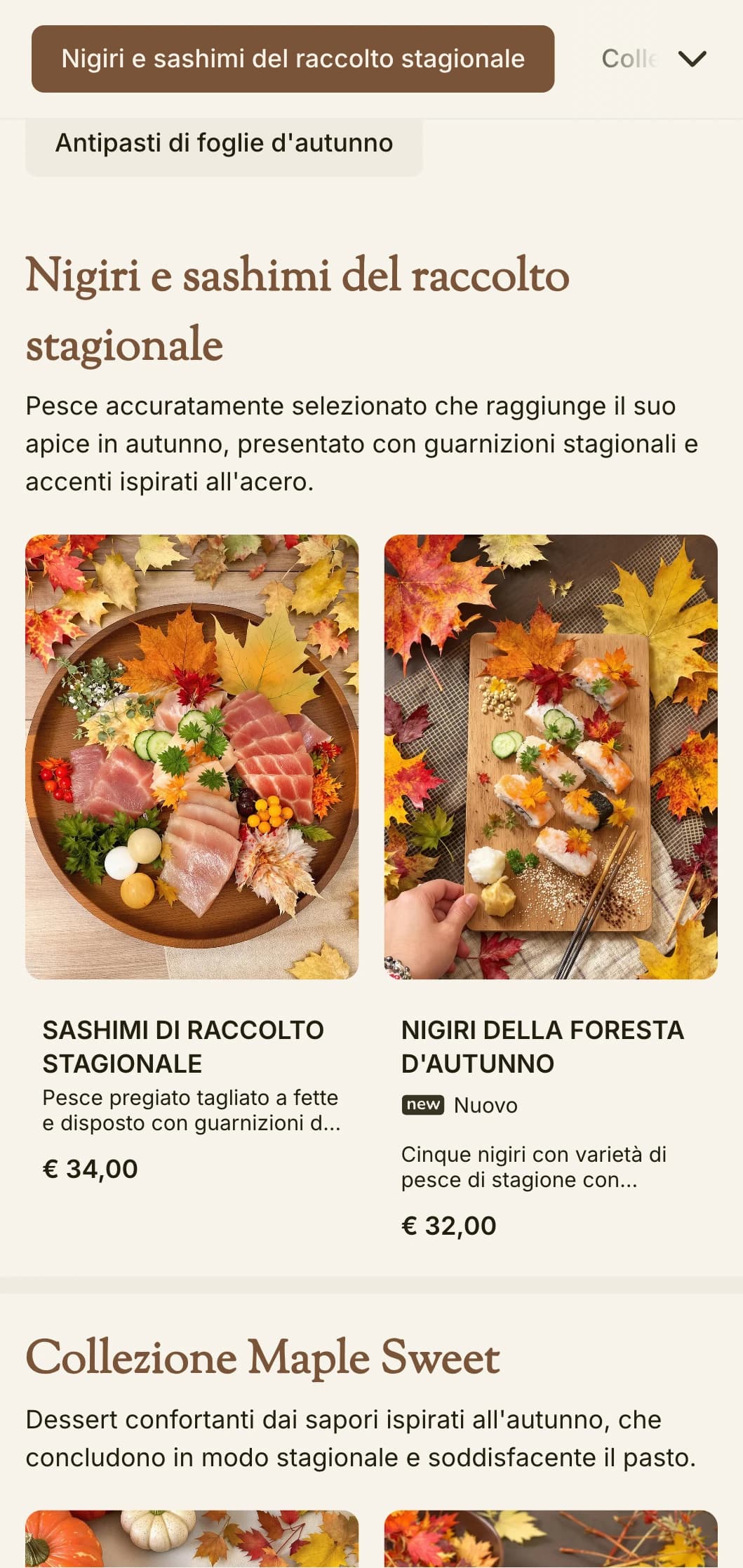Un menu di sushi caldo e stagionale con ricche tonalità di acero ed elementi ispirati all'autunno per una cena tradizionale.