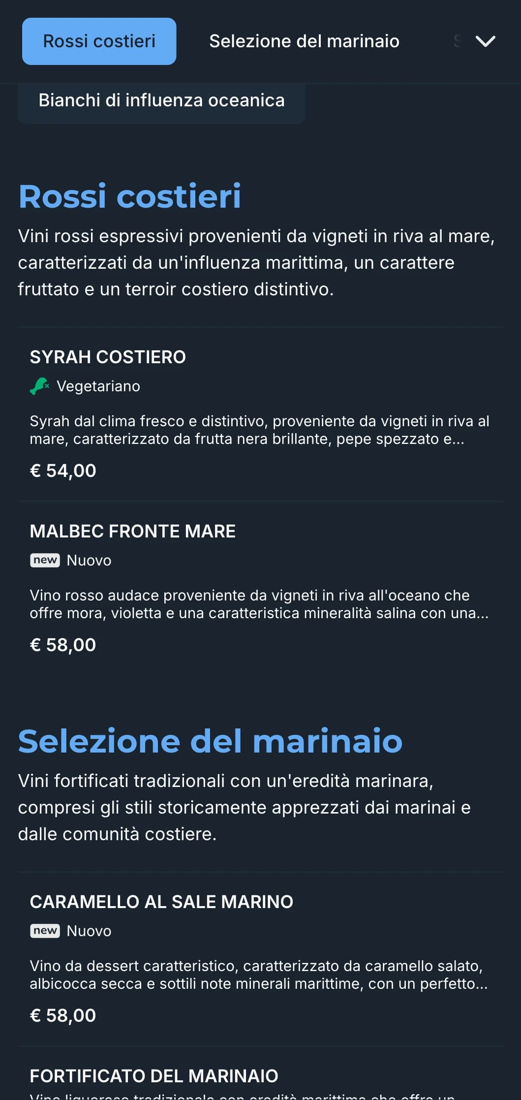 Modello di carta dei vini scura di ispirazione mediterranea con vibranti accenti blu, perfetta per i ristoranti costieri serali e le esperienze enologiche in riva al mare.