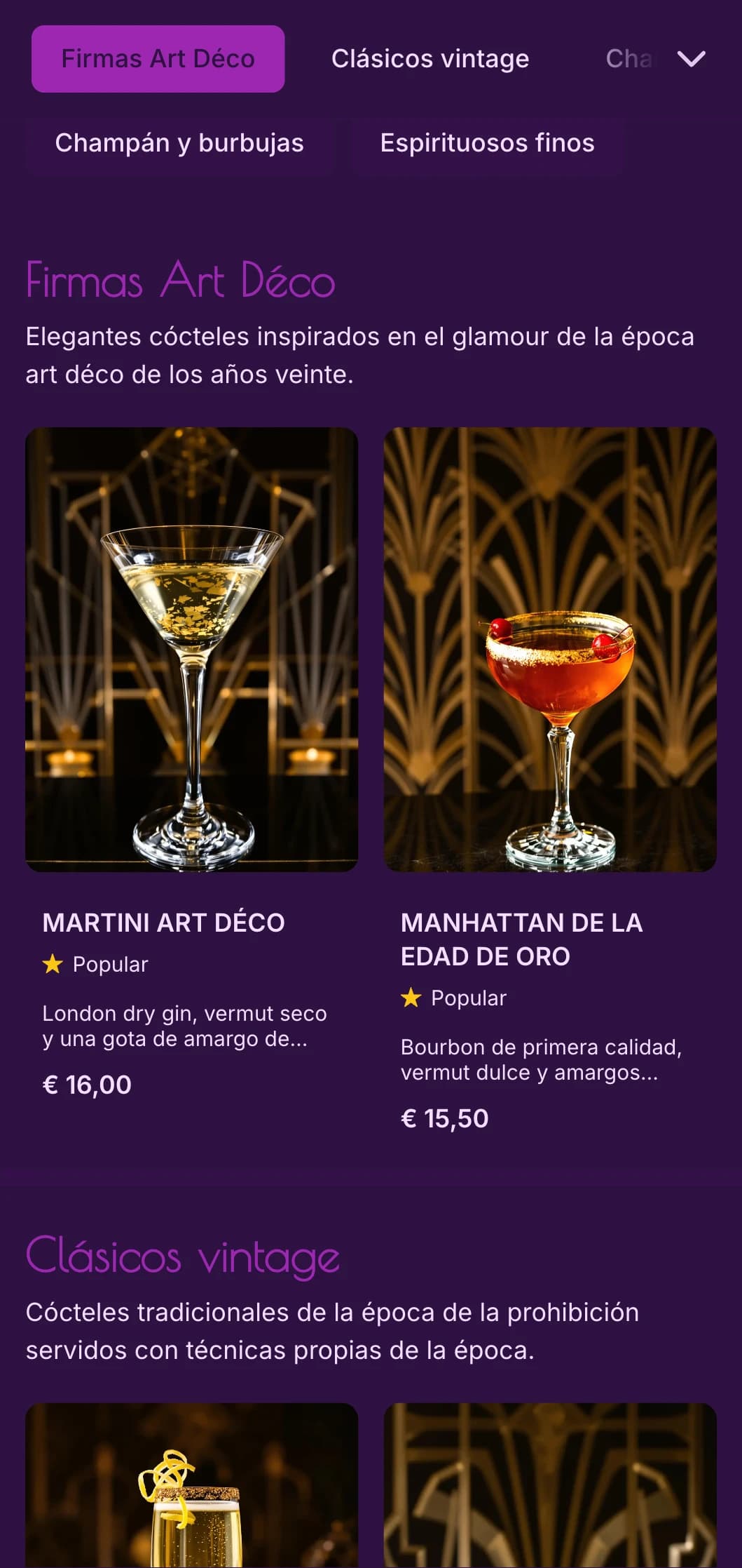 Elegante diseño morado y dorado inspirado en el art déco de los años 20 para salones de cócteles de lujo.