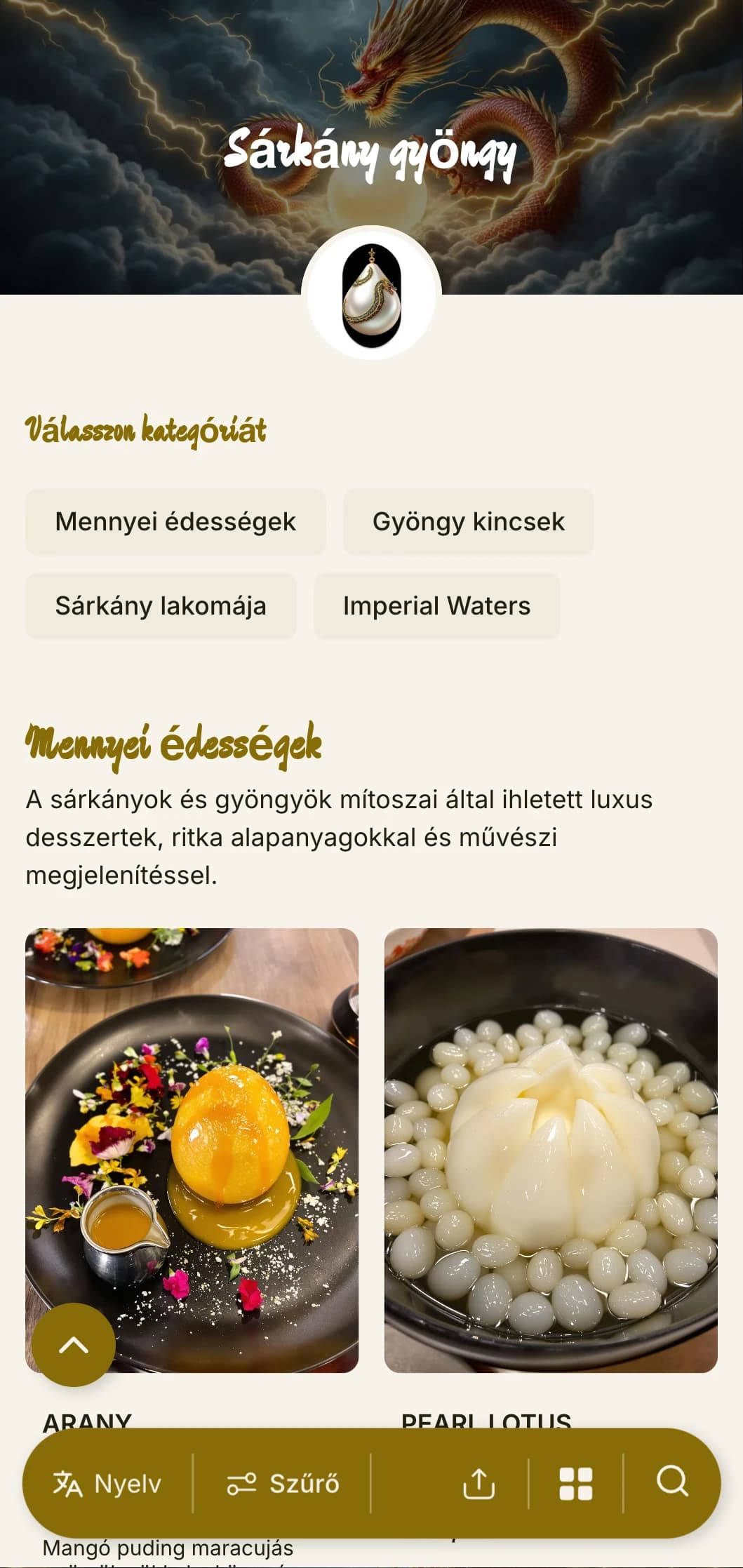 Fényűző kínai menü design sárkány motívumokkal és gyöngyház ékezetekkel, tökéletes az előkelő kínai tengeri éttermek és különleges alkalmak számára.