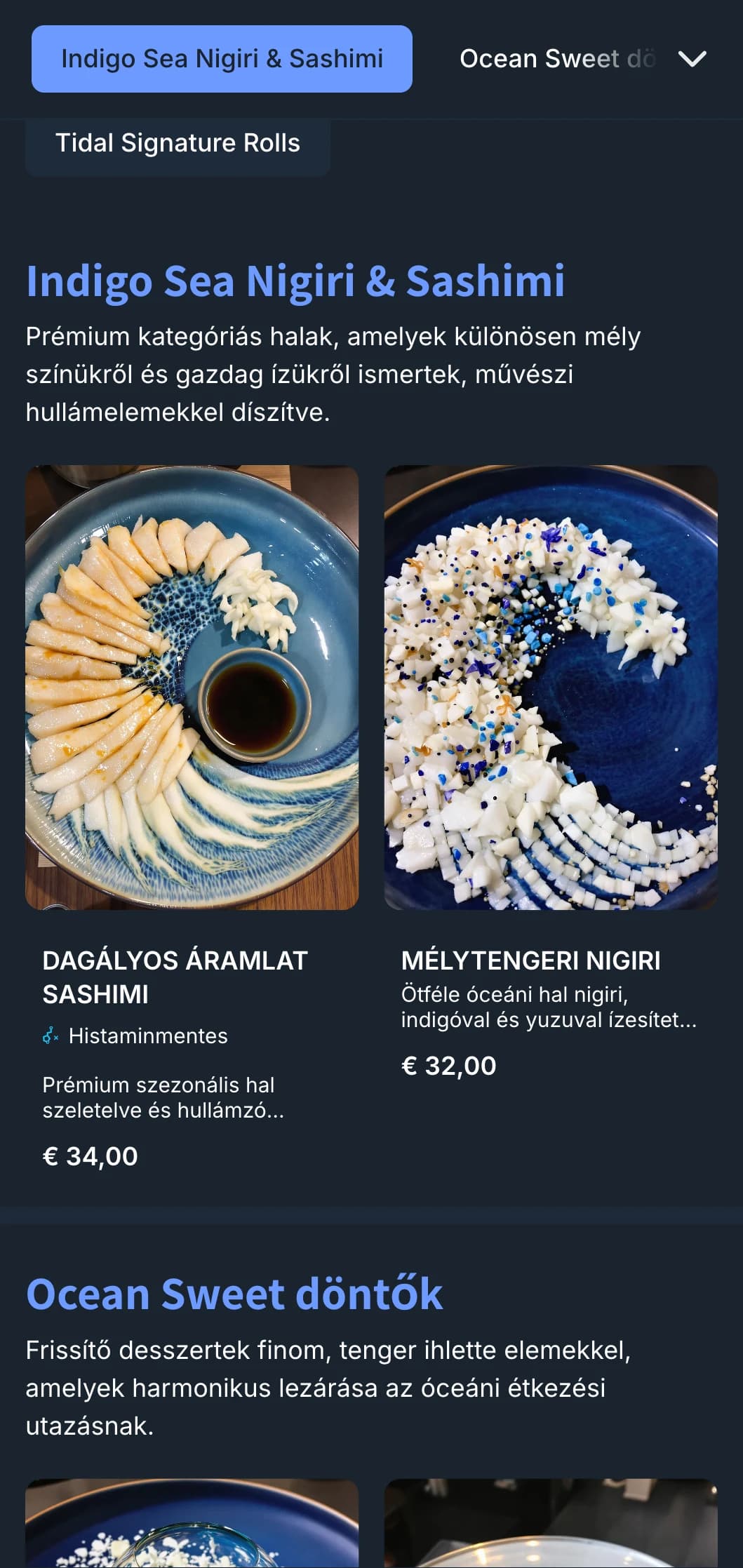 Óceán ihlette sushi menü mély indigó színű hullámokkal és kortárs dizájnnal a tenger gyümölcseire összpontosító éttermek számára.