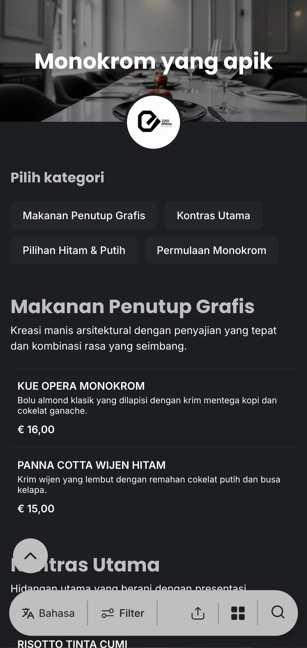 Menu makan malam hitam dan putih yang canggih dengan tipografi yang berani dan garis-garis yang bersih, dirancang untuk bersantap malam kontemporer.