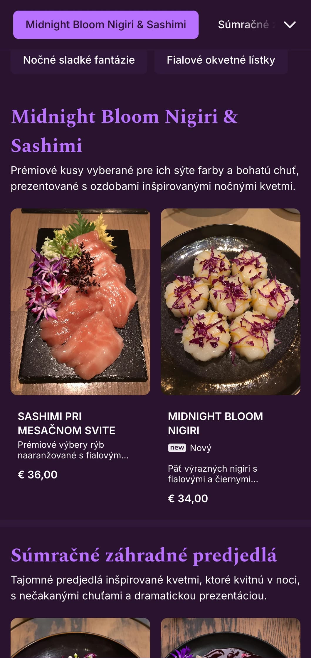 Luxusné večerné sushi s tmavými fialovými akcentmi a dramatickými kvetinovými prvkami.