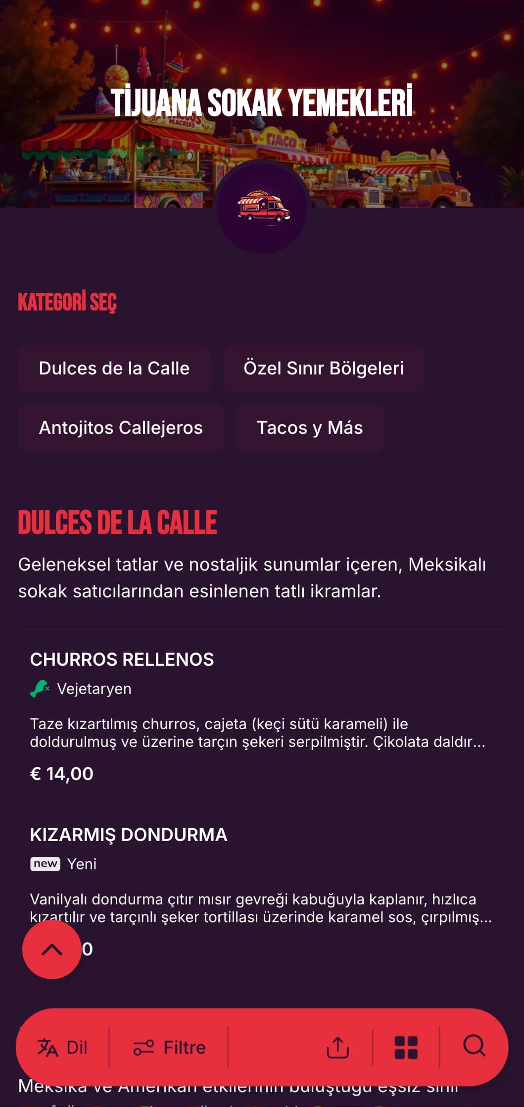 Parlak renkler, rahat tipografi ve otantik taco spesiyaliteleri ile Tijuana'nın canlı yemek sahnesinden ilham alan cesur ve enerjik sokak yemeği menüsü.