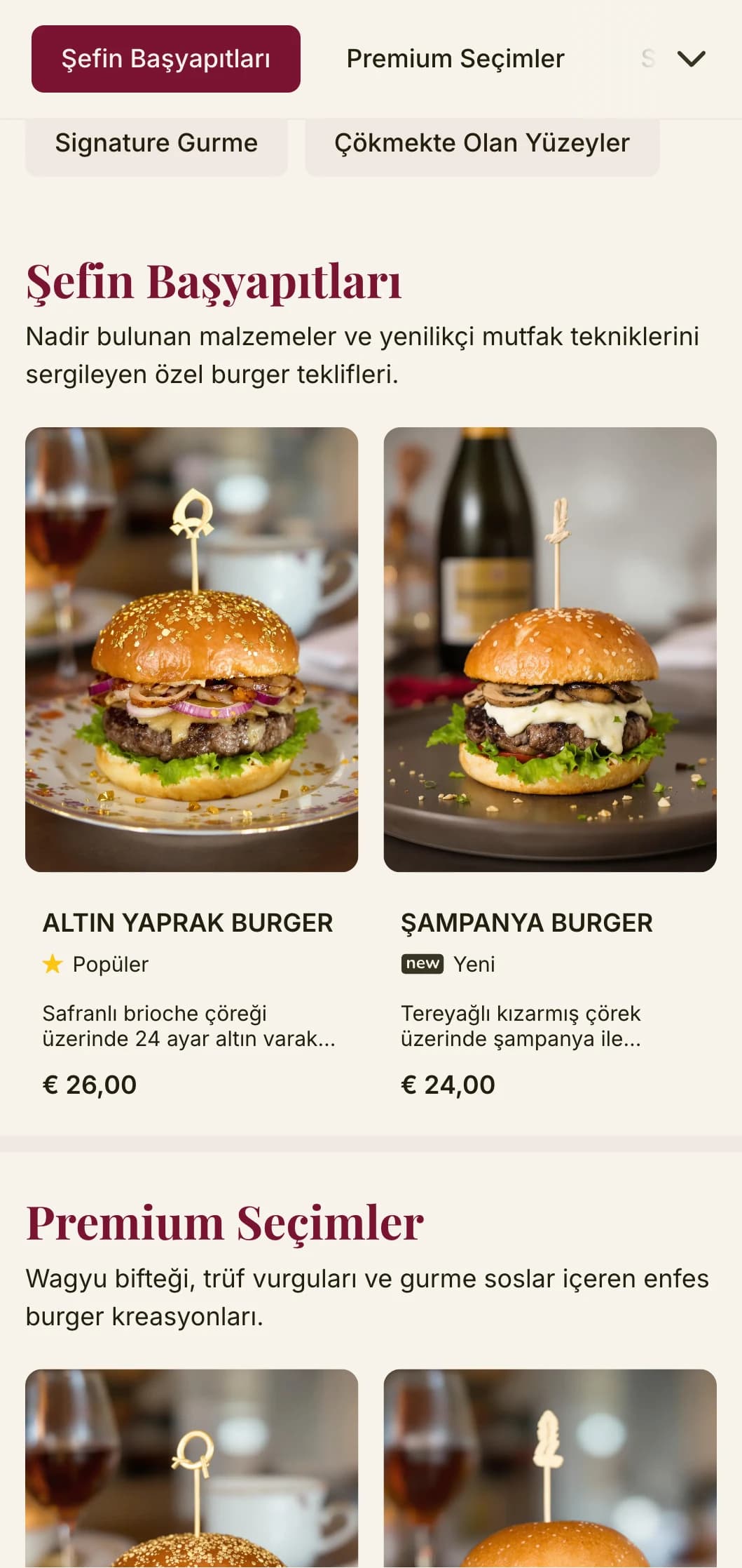 Lüks bir burger deneyimi için birinci sınıf tipografi ve zengin renk paleti ile yükseltilmiş burger yemeği.