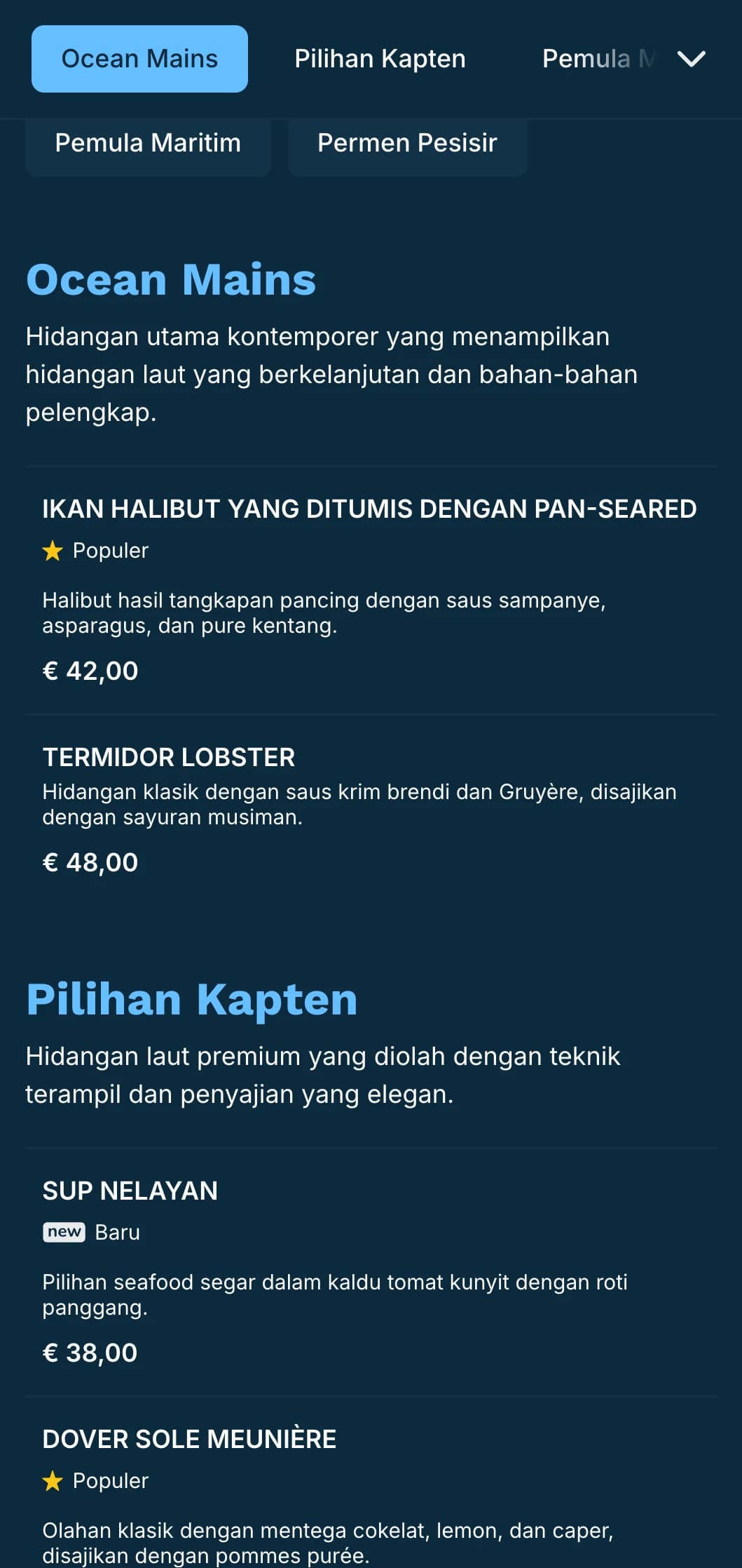 Menu makan malam yang segar dan bernuansa biru dengan pengaruh bahari, sempurna untuk restoran hidangan laut kelas atas.