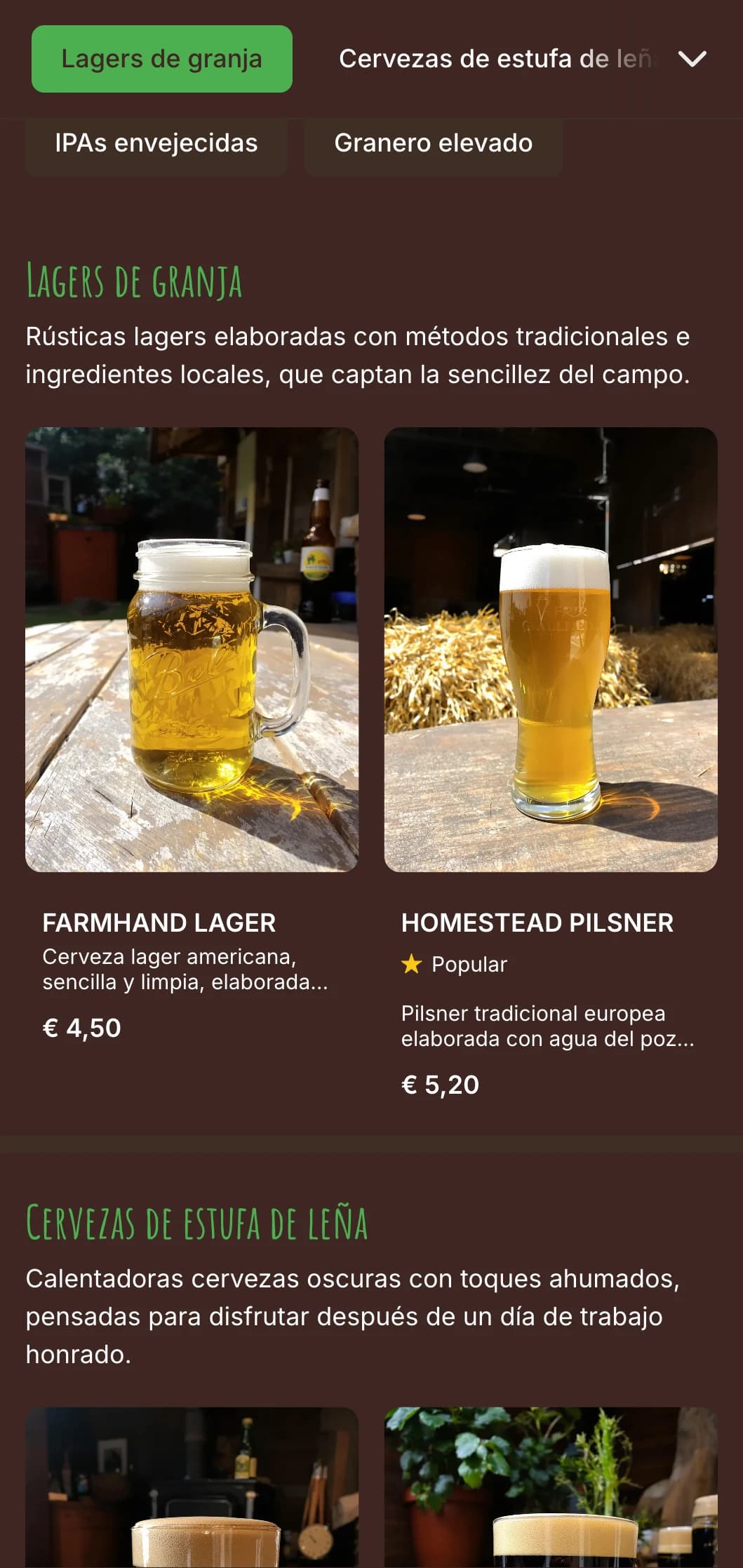 Diseño envejecido y hogareño con texturas de madera recuperada y elementos de granja vintage, ideal para cervecerías rurales.