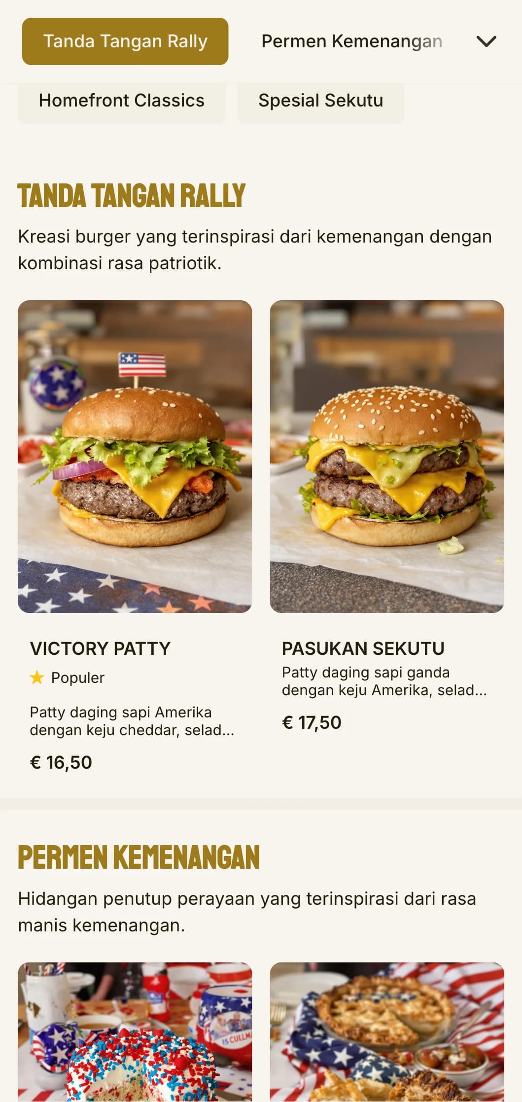 Kantin burger yang terinspirasi dari era Perang Dunia II dengan taman kemenangan dan elemen patriotik.