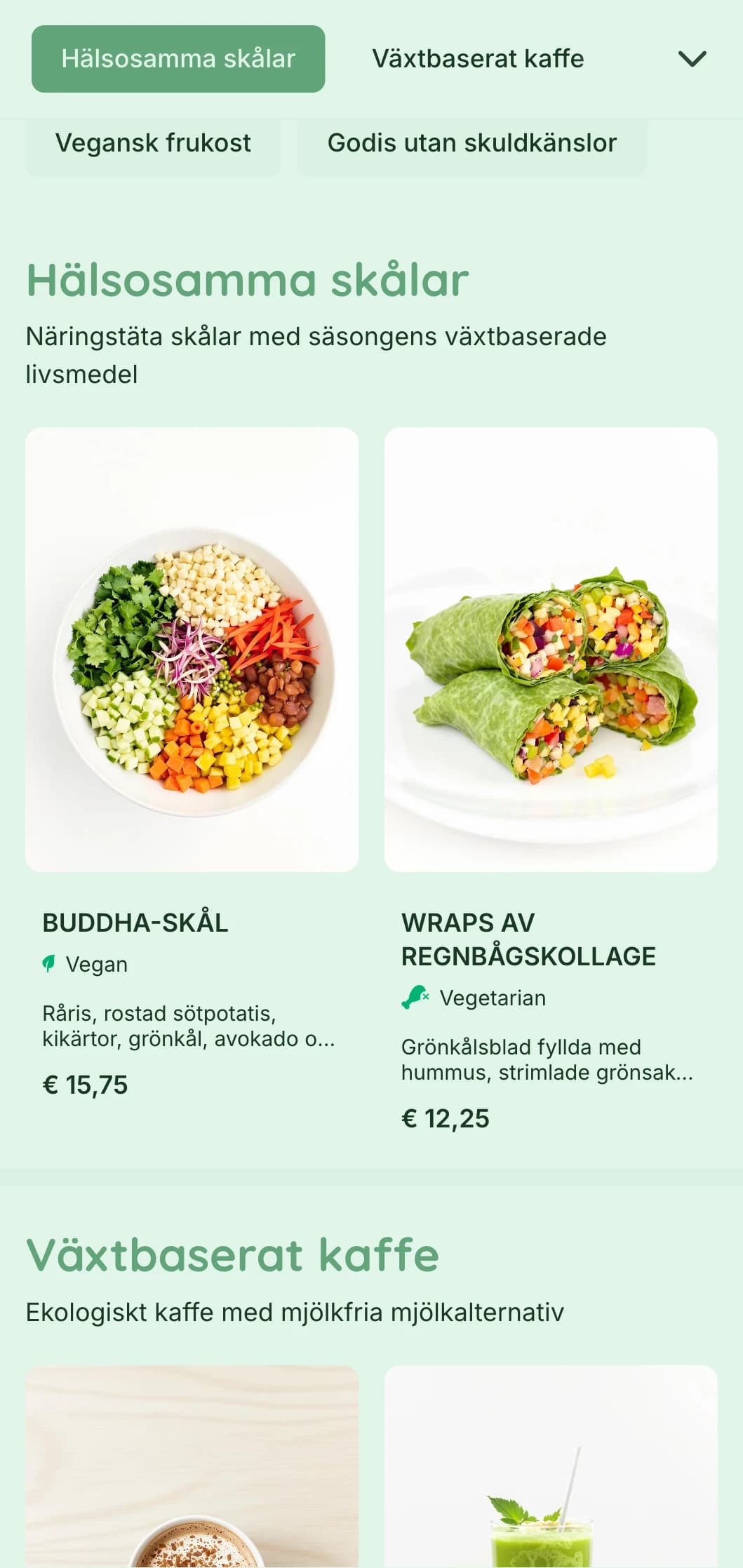 Fräsch grön design som lyfter fram växtbaserade erbjudanden för veganska kaféer och hälsokostställen.