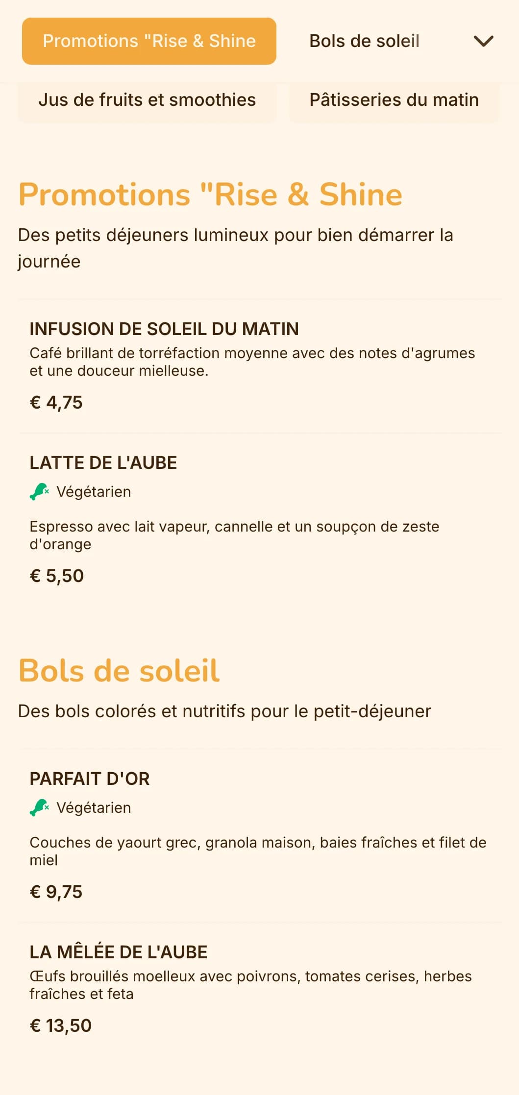 Design jaune et orange joyeux avec des éléments ensoleillés pour les petits déjeuners et les brunchs.