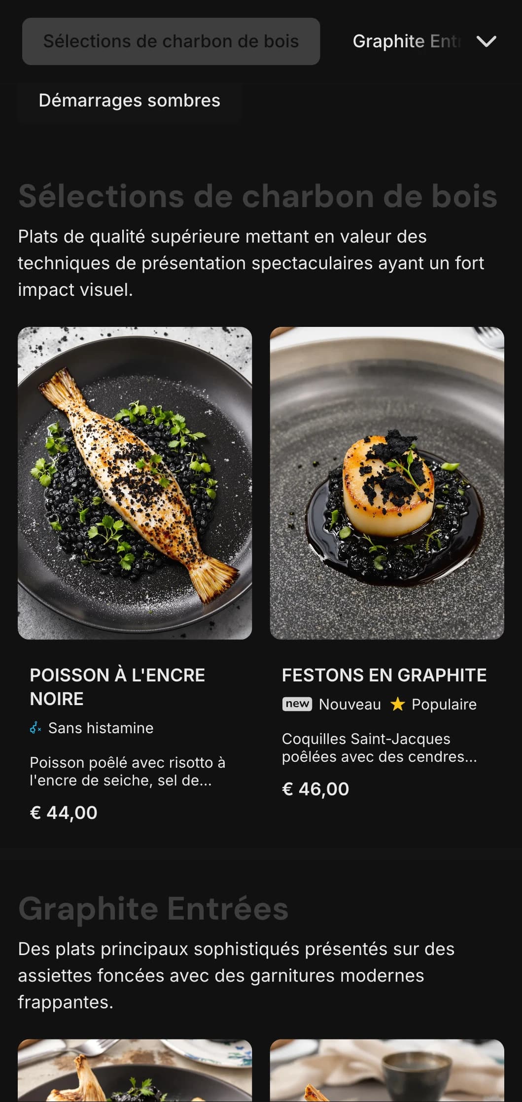 Concept audacieux et contemporain avec des tons anthracite profonds et des contrastes tranchants pour une expérience culinaire spectaculaire.