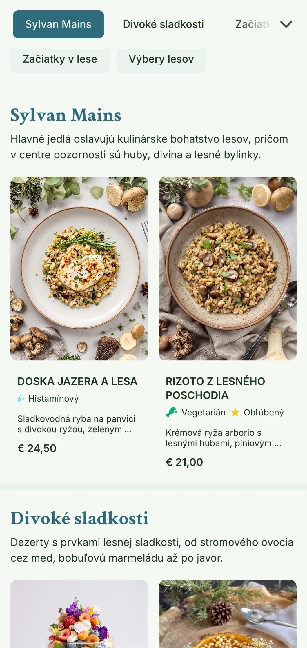 Pokojný, lesom inšpirovaný dizajn obedového menu s organickými textúrami a zemitými tónmi, ideálny pre reštaurácie v blízkosti prírodného prostredia a parkov.