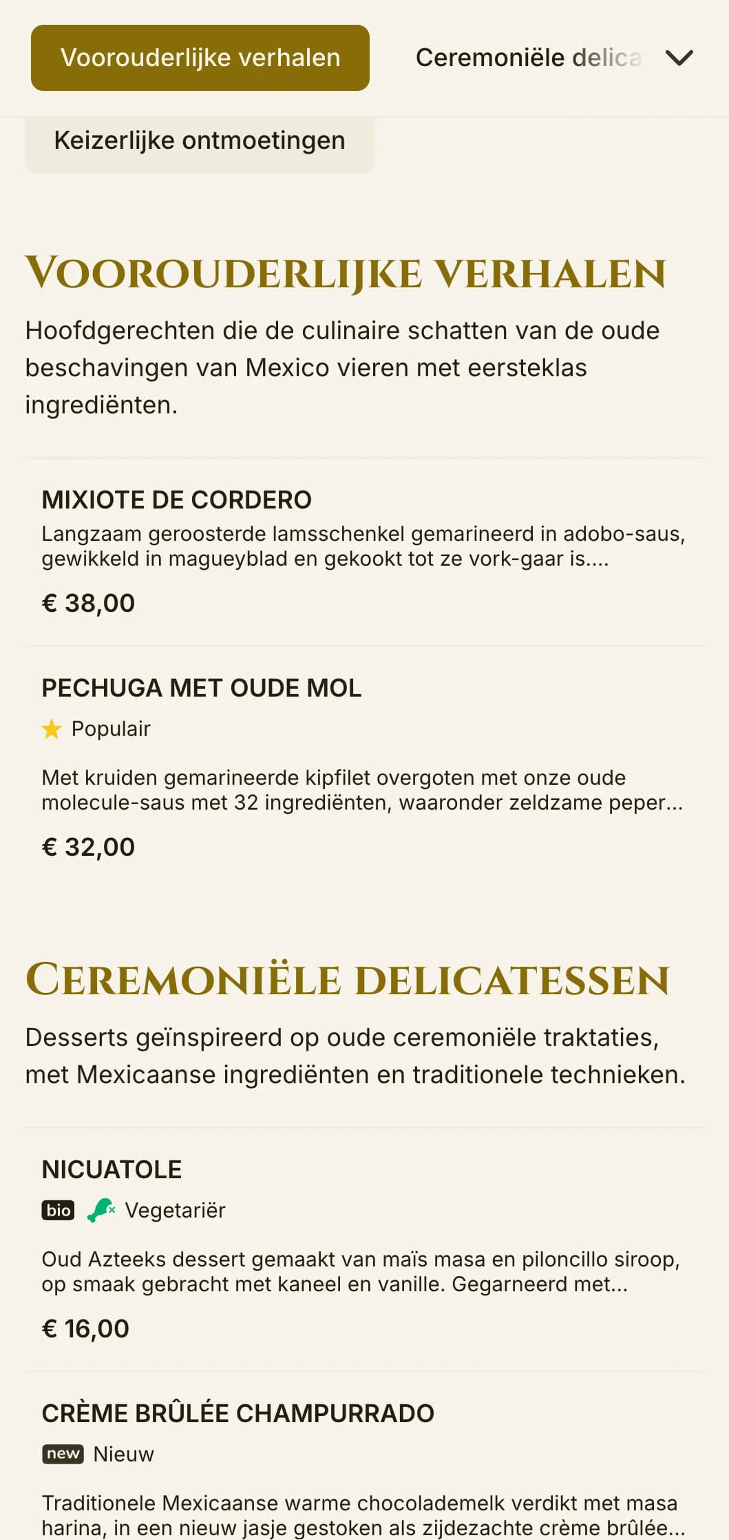 Elegant menu geïnspireerd door de oude Azteekse cultuur met luxe gouden accenten, historische symboliek en eersteklas traditionele gerechten op ivoorkleurig perkament.