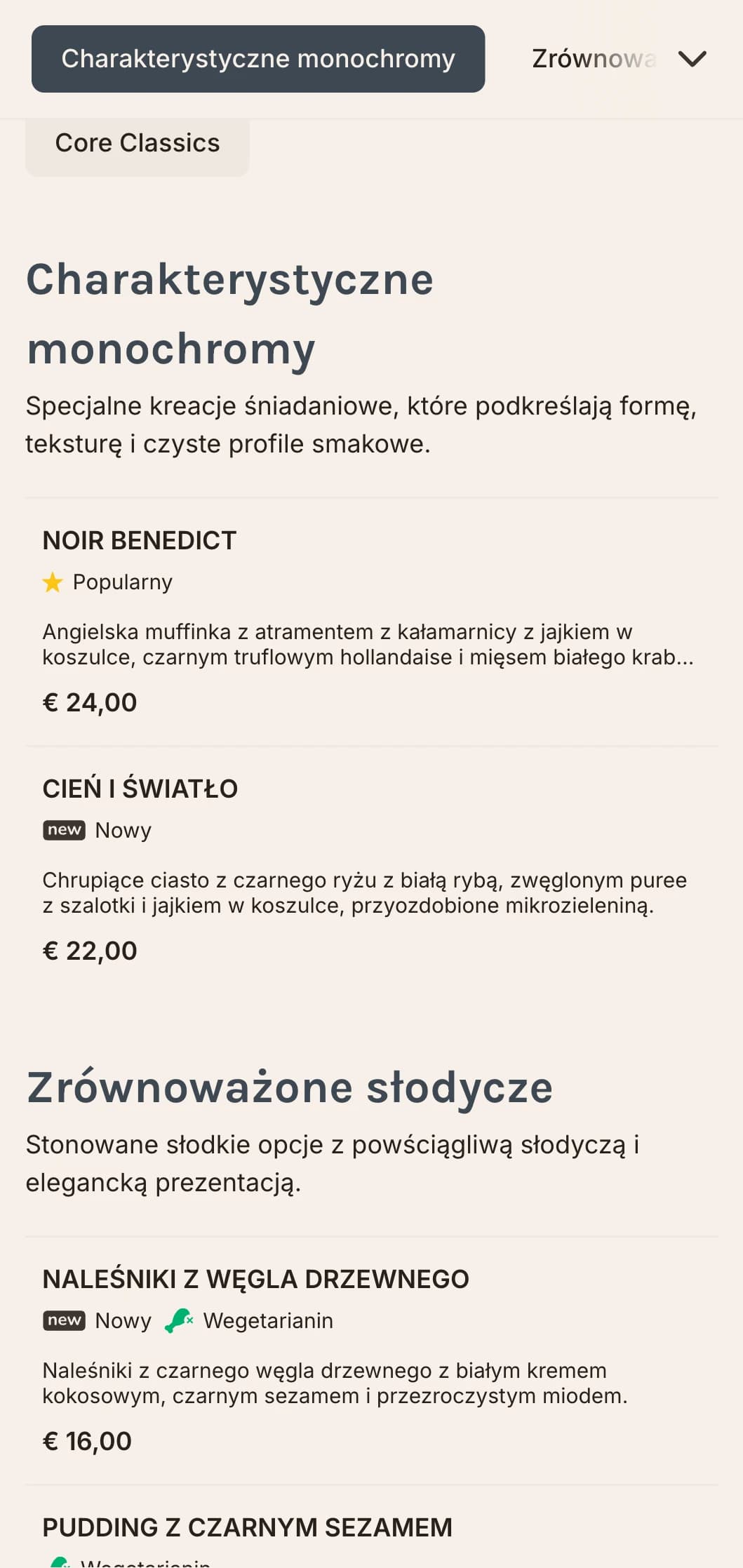 Eleganckie, stylowe opcje śniadaniowe prezentowane w uderzającej monochromatycznej palecie dla świadomych designu restauracji.