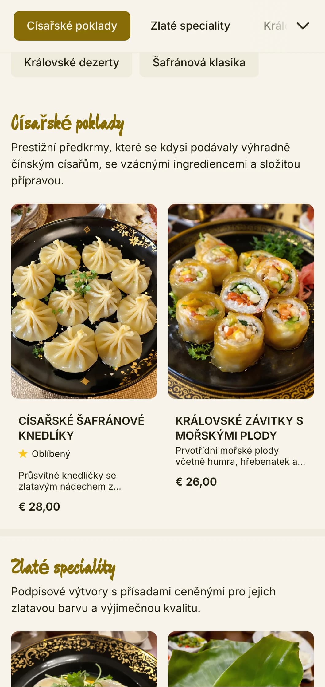 Luxusní čínský jídelní lístek inspirovaný císařskými šafránovými barvami s bohatými prvky pro zážitky z královské kuchyně.