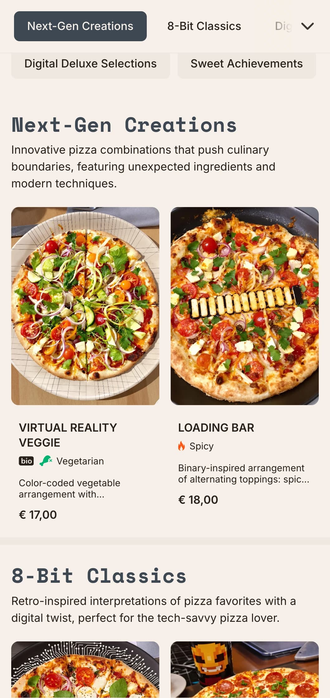 Tech-inspired modern pizza menu with digital aesthetic for innovative pizza concepts.