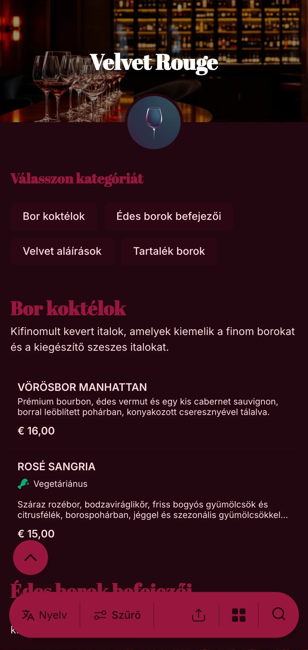 Fényűző, drámai design előkelő borbárok és társalgók számára, gazdag vörös tónusokkal és merész tipográfiával.