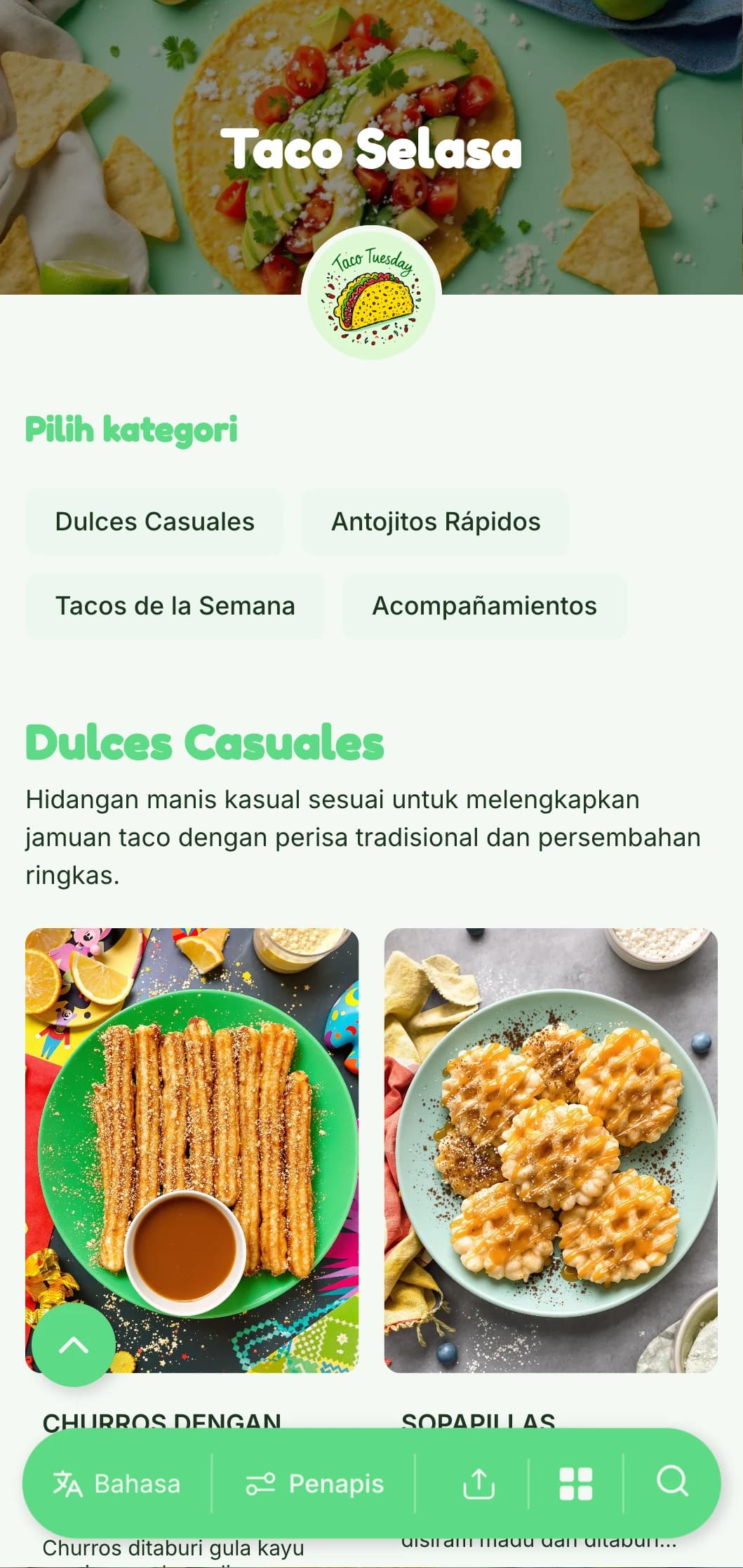 Menu berfokuskan taco yang menyeronokkan dan kasual menampilkan aksen hijau terang, ilustrasi suka bermain dan variasi taco kreatif untuk istimewa hari minggu.