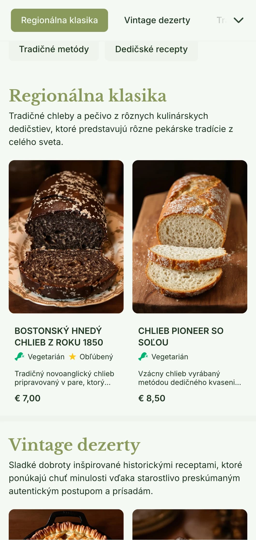 Tradičný, dedičstvom inšpirovaný dizajn jedálneho lístka pekárne s olivovo zelenými tónmi a klasickou typografiou, ideálny pre pekárne zamerané na historické recepty.