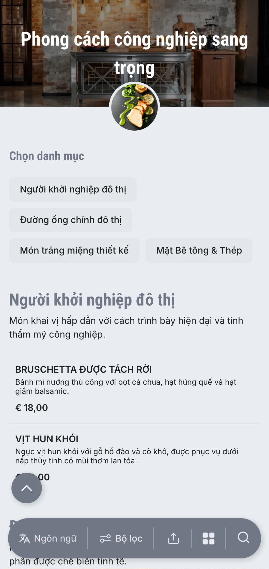 Trình bày dịch vụ ăn uống thô sơ, táo bạo với phong cách đô thị hiện đại, các yếu tố kim loại và kết cấu bê tông cho các sự kiện kho hàng và khai trương phòng trưng bày.