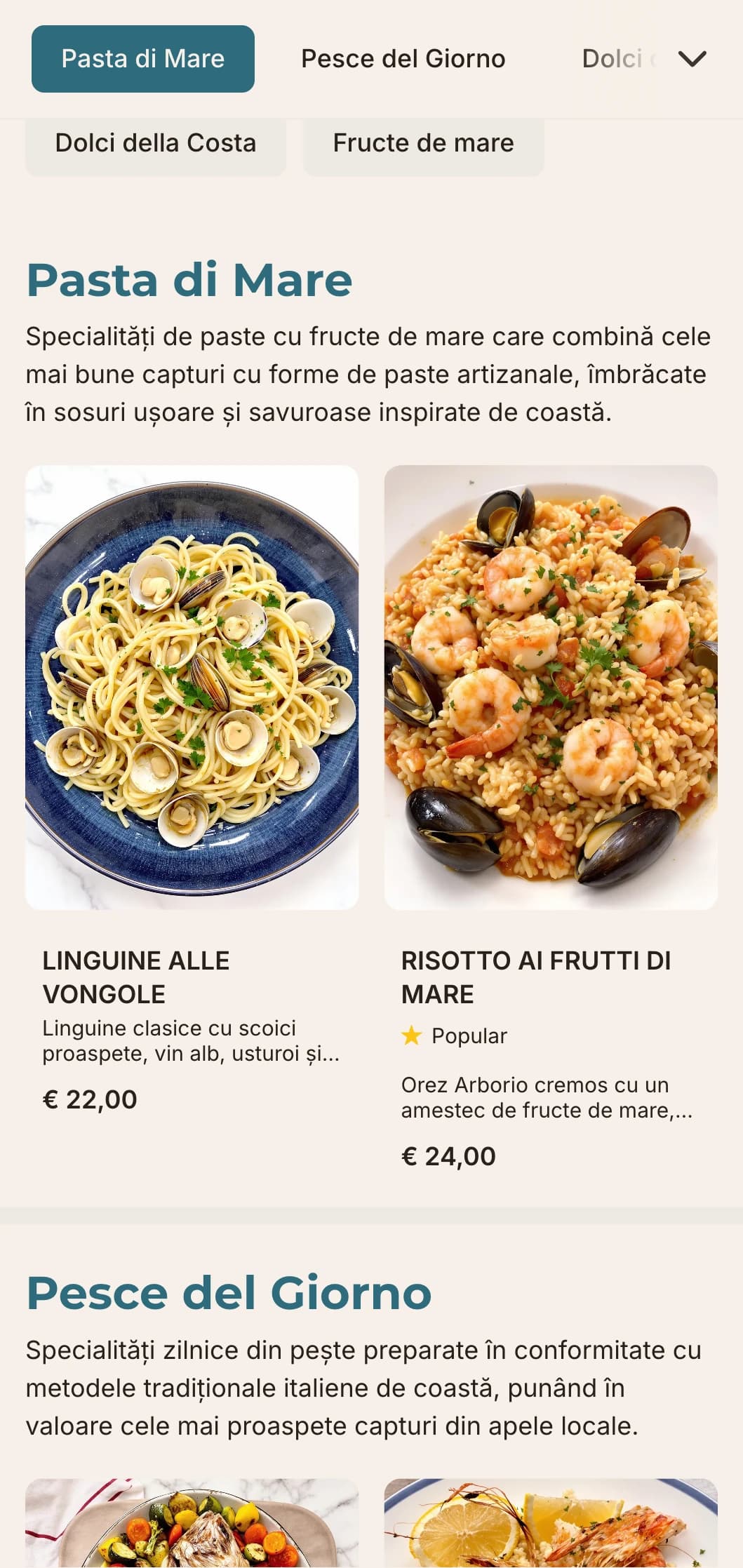 Design de inspirație mediteraneană cu albastru marin, tipografie curată și aspect aerisit pentru localuri italiene cu fructe de mare.