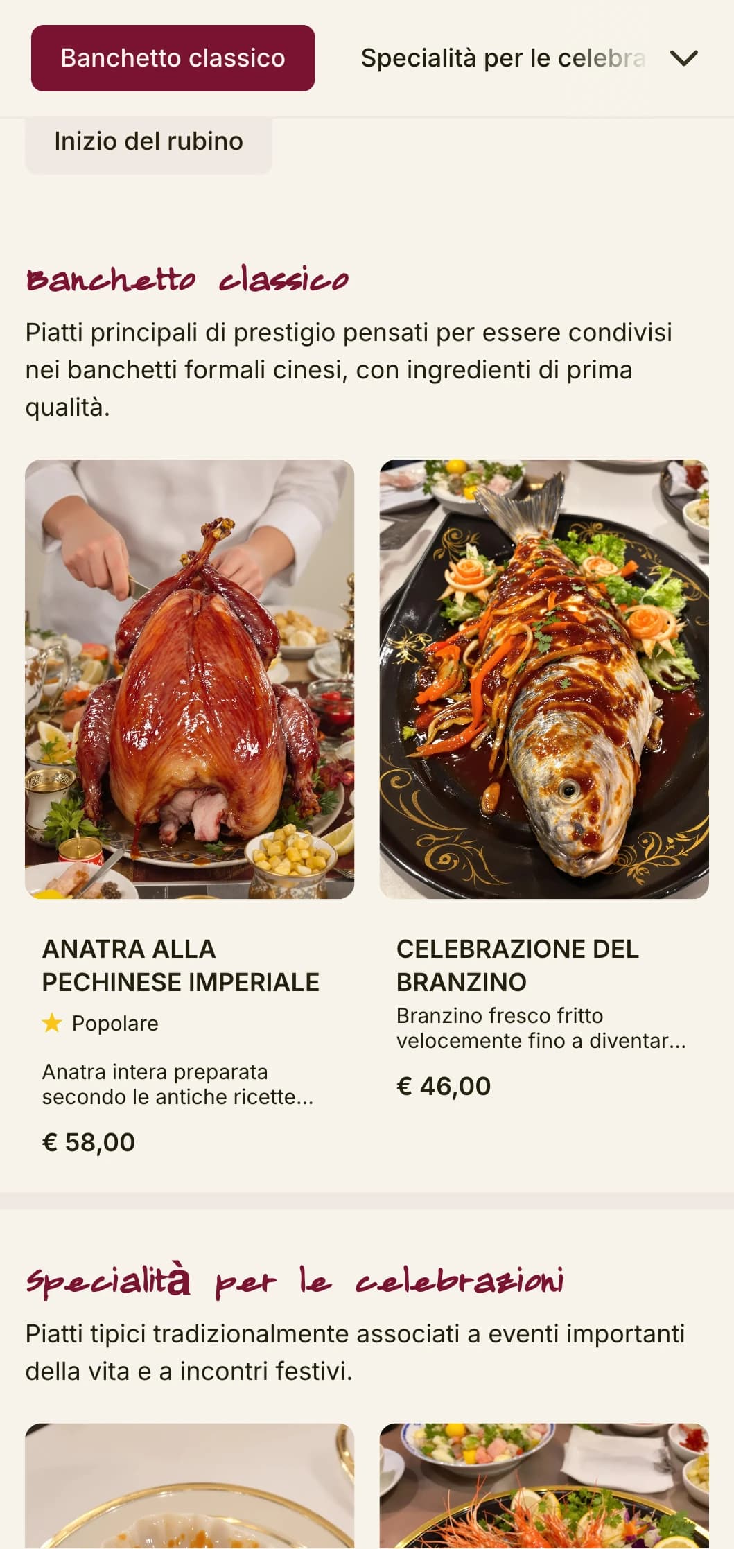 Lussuoso menu cinese ispirato ai banchetti imperiali, con accenti di rubino per una cucina festosa e celebrativa.