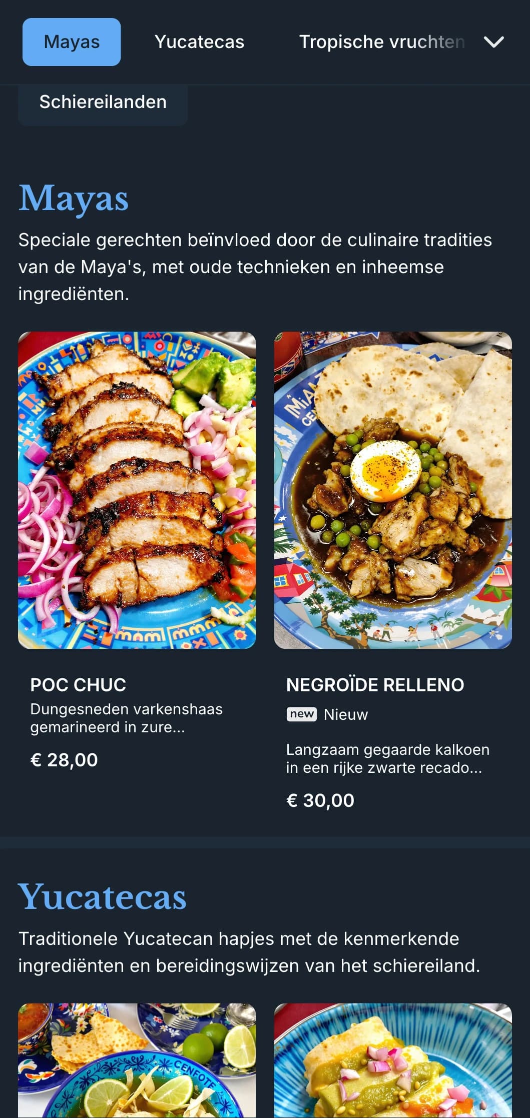 Elegant en levendig menu met Yucatecan gerechten met helderblauwe cenote-accenten, Maya-invloeden en tropische ingrediënten.