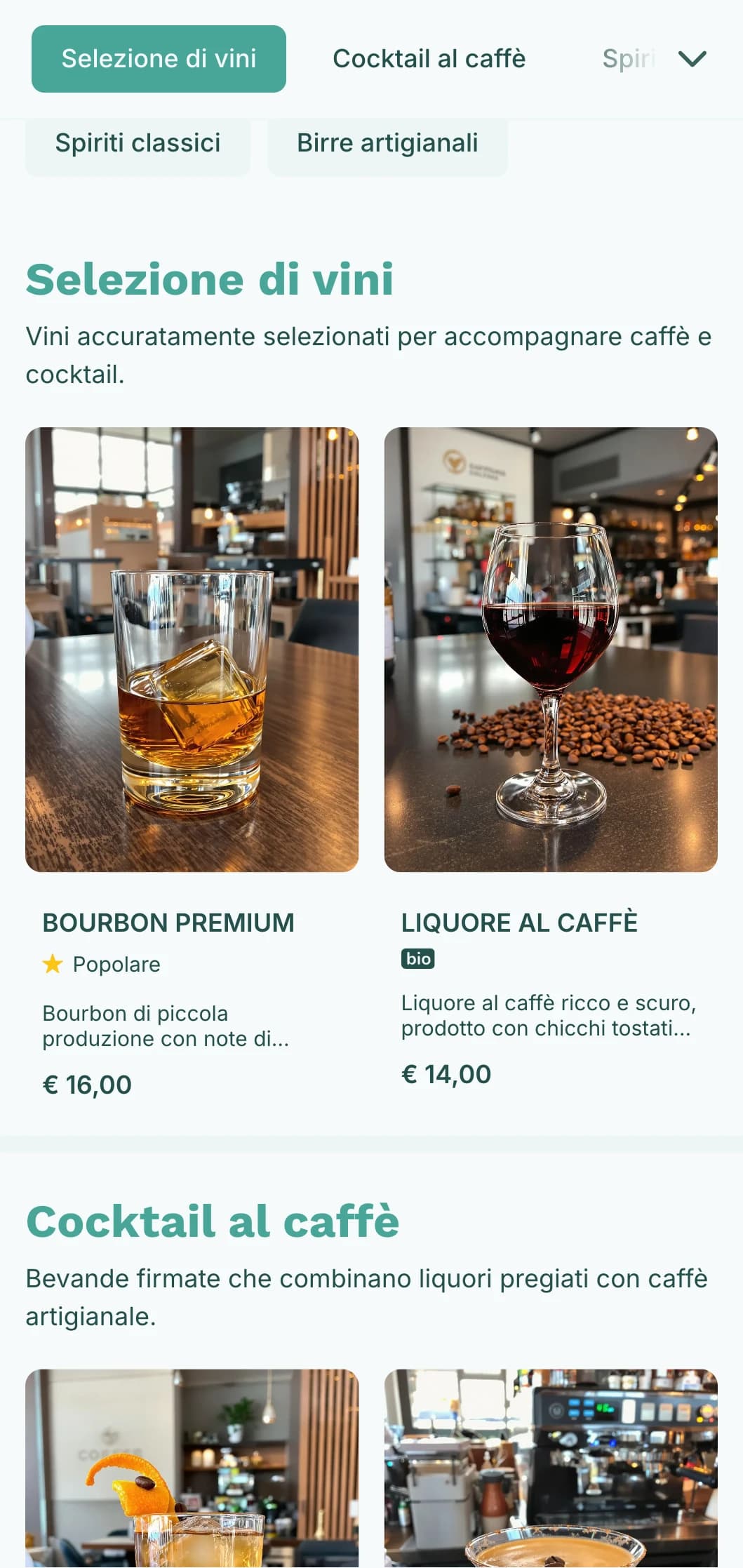 Design fresco e verde acqua per locali ibridi di caffè e cocktail.