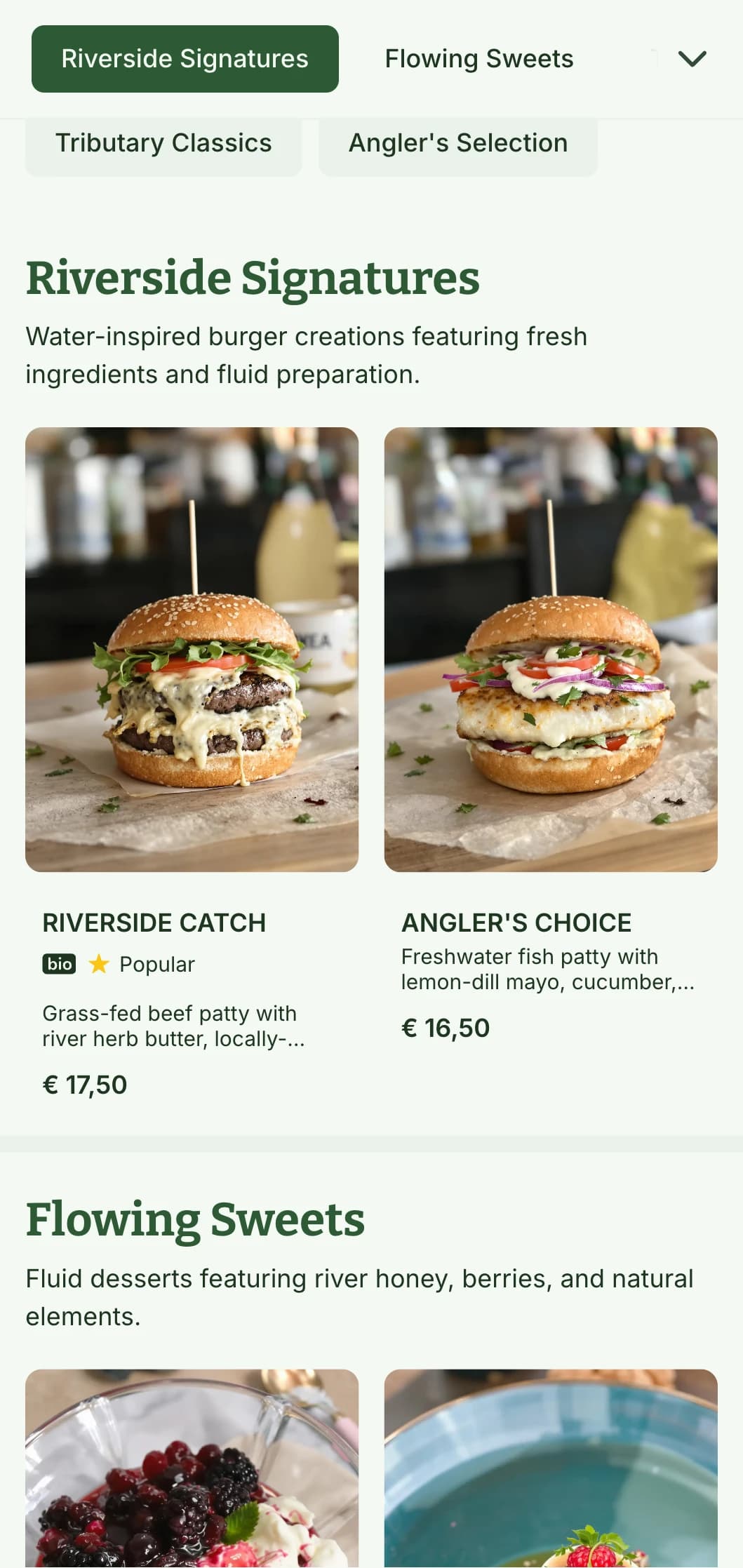 Riverside burger experience with water elements and natural blue-green palette.