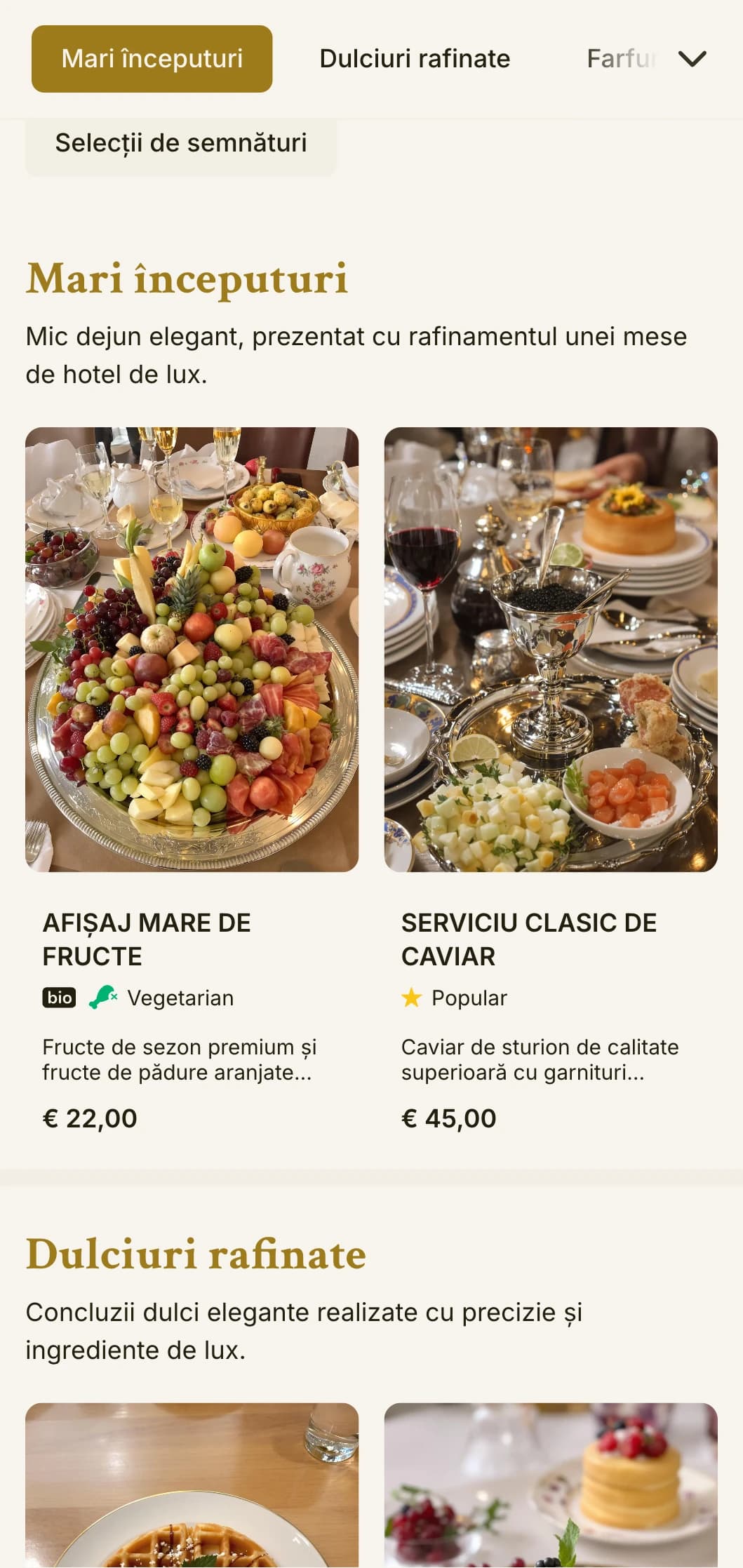 Mese sofisticate de dimineață, cu ingrediente de calitate superioară și prezentare elegantă, în tradiția marilor hoteluri.
