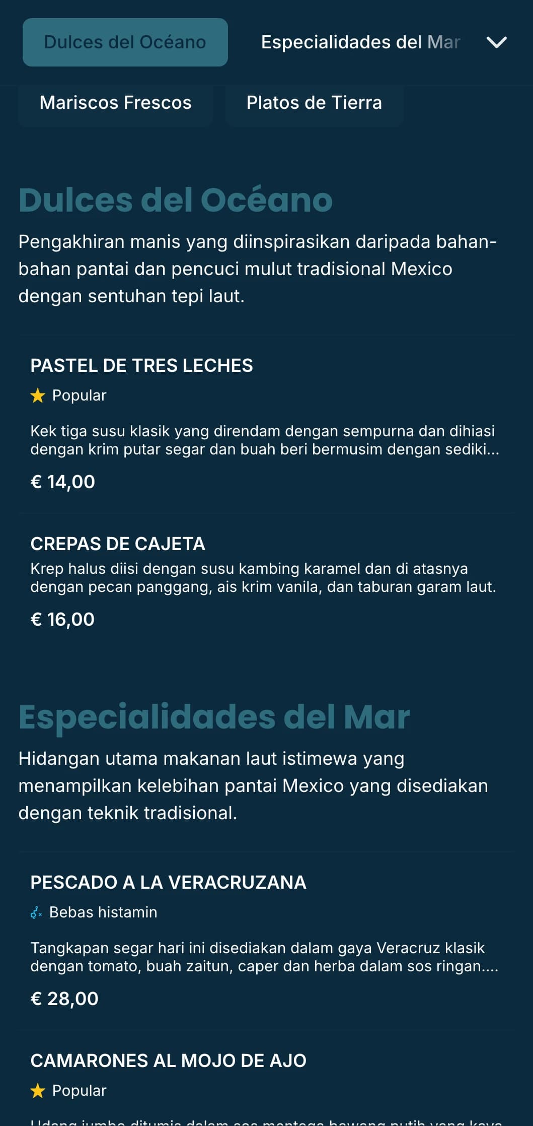 Reka bentuk menu Mexico pantai yang segar dan berangin menampilkan kepakaran makanan laut dengan aksen biru biru, corak ombak halus dan suasana tepi pantai.